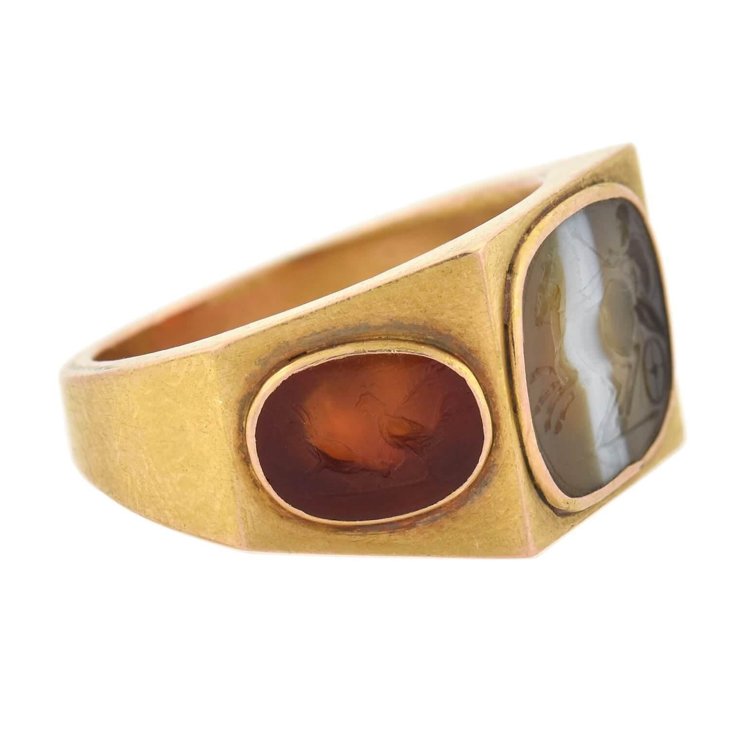 Victorian 3-Sided Carnelian and Banded Agate Intaglio Signet Ring In Good Condition In Narberth, PA
