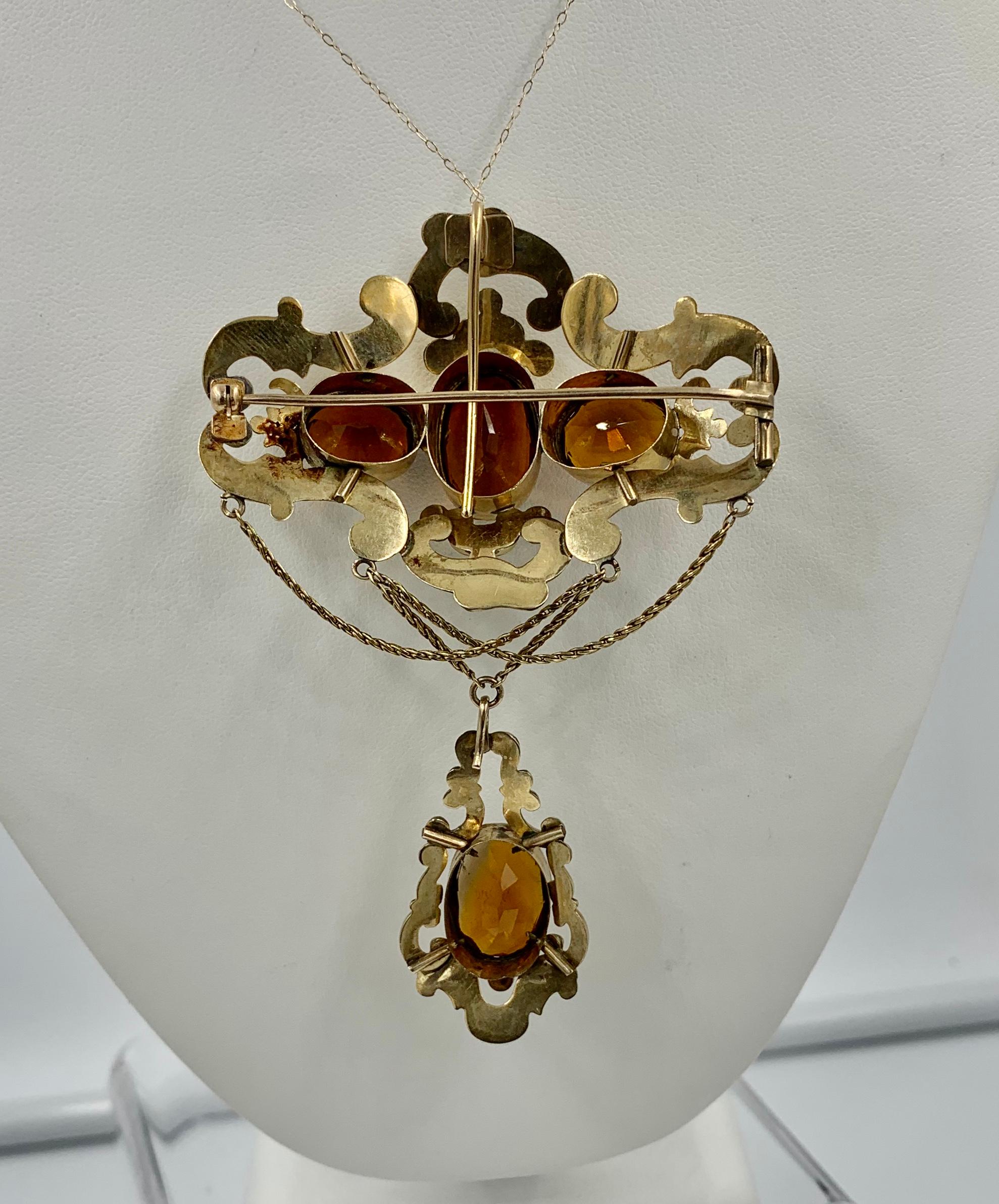 Victorian 30 Carat Citrine Swag Pendant Brooch Gold Monumental For Sale 5