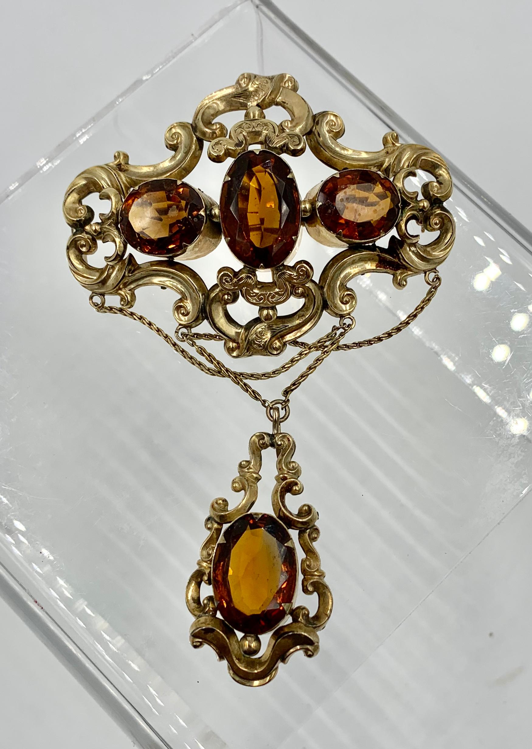 Oval Cut Victorian 30 Carat Citrine Swag Pendant Brooch Gold Monumental For Sale