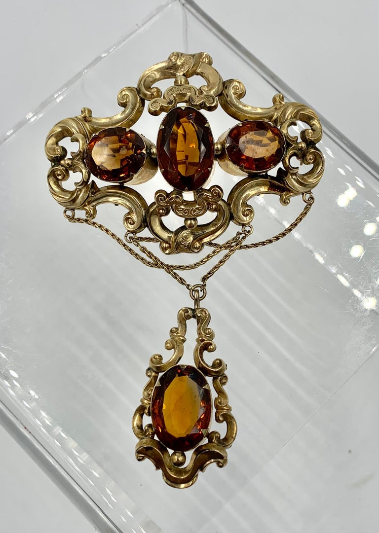Broche Victorienne Ancienne En Argent Avec Citrine - Bijou Vintage Occasion - Argenté