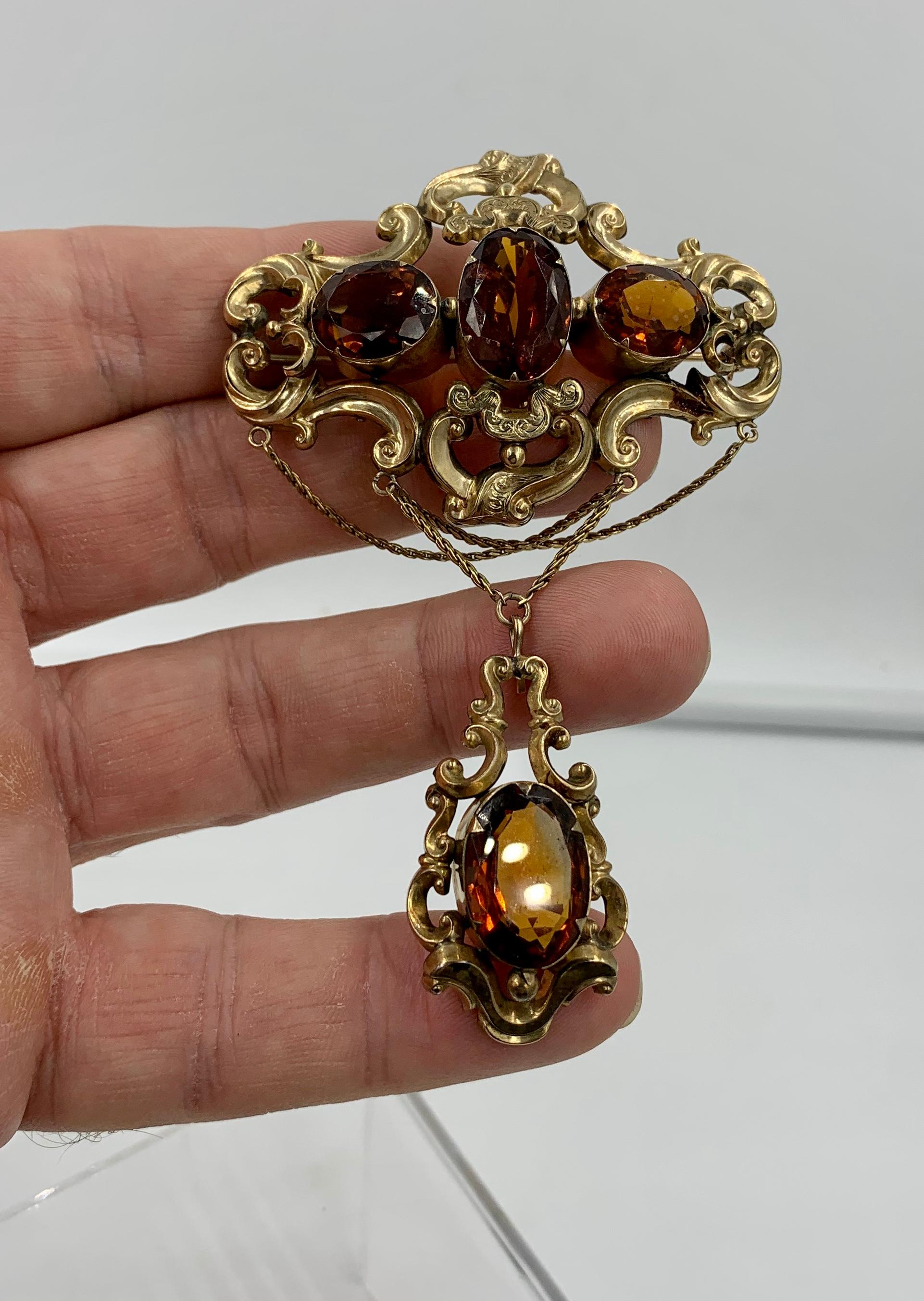 Victorian 30 Carat Citrine Swag Pendant Brooch Gold Monumental For Sale 2