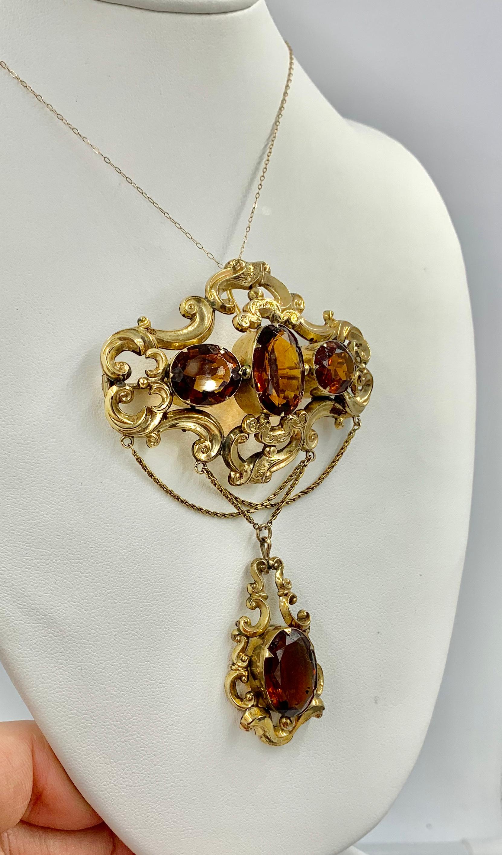 Victorian 30 Carat Citrine Swag Pendant Brooch Gold Monumental For Sale 3