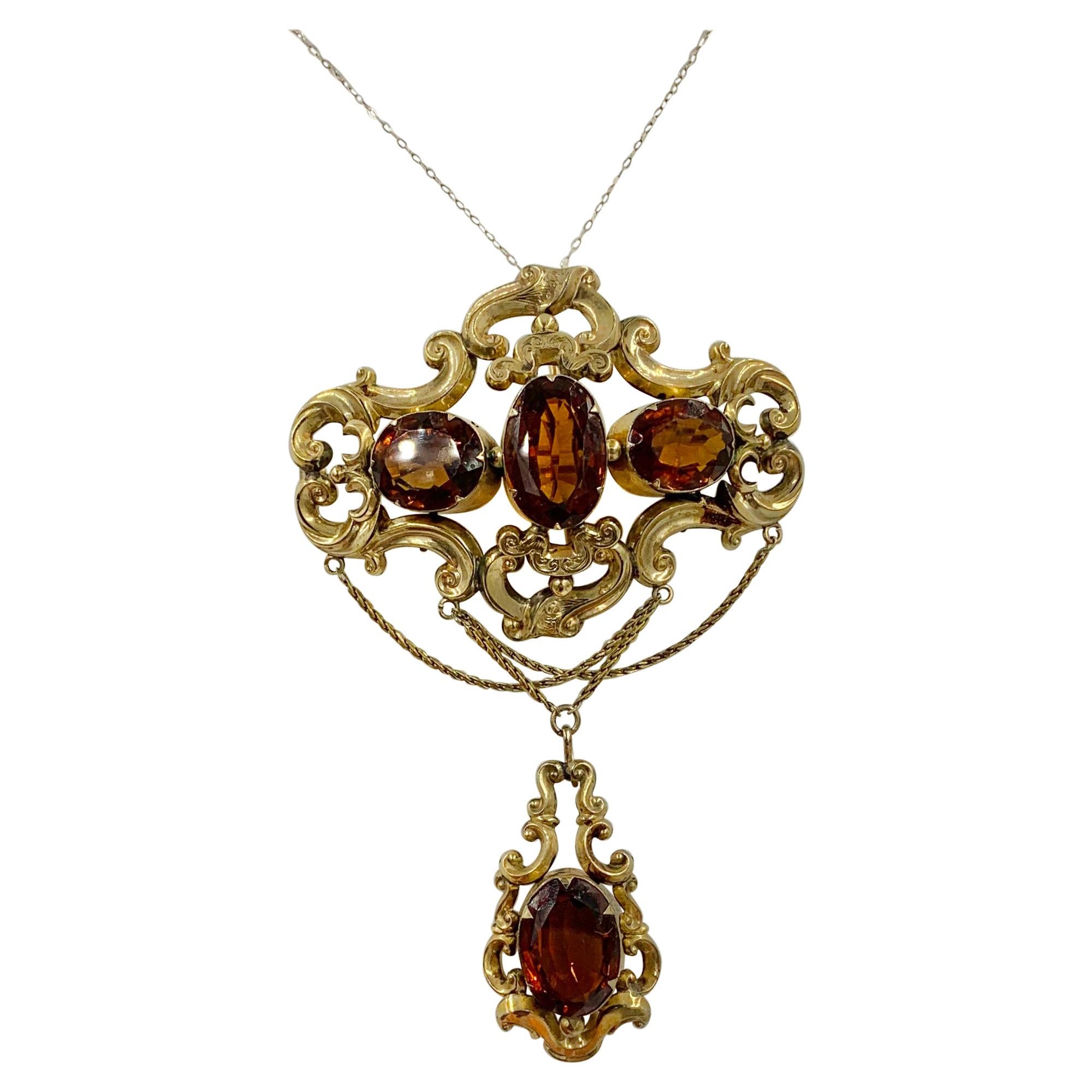 Victorian 30 Carat Citrine Swag Pendant Brooch Gold Monumental