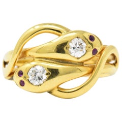 Antique Victorian .30 Carat Diamond, Ruby and 14 Karat Gold Snake Ring