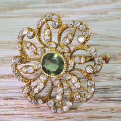 Victorian 3.00 Carat Green Sapphire and 3.50 Carat Old Cut Diamond Brooch
