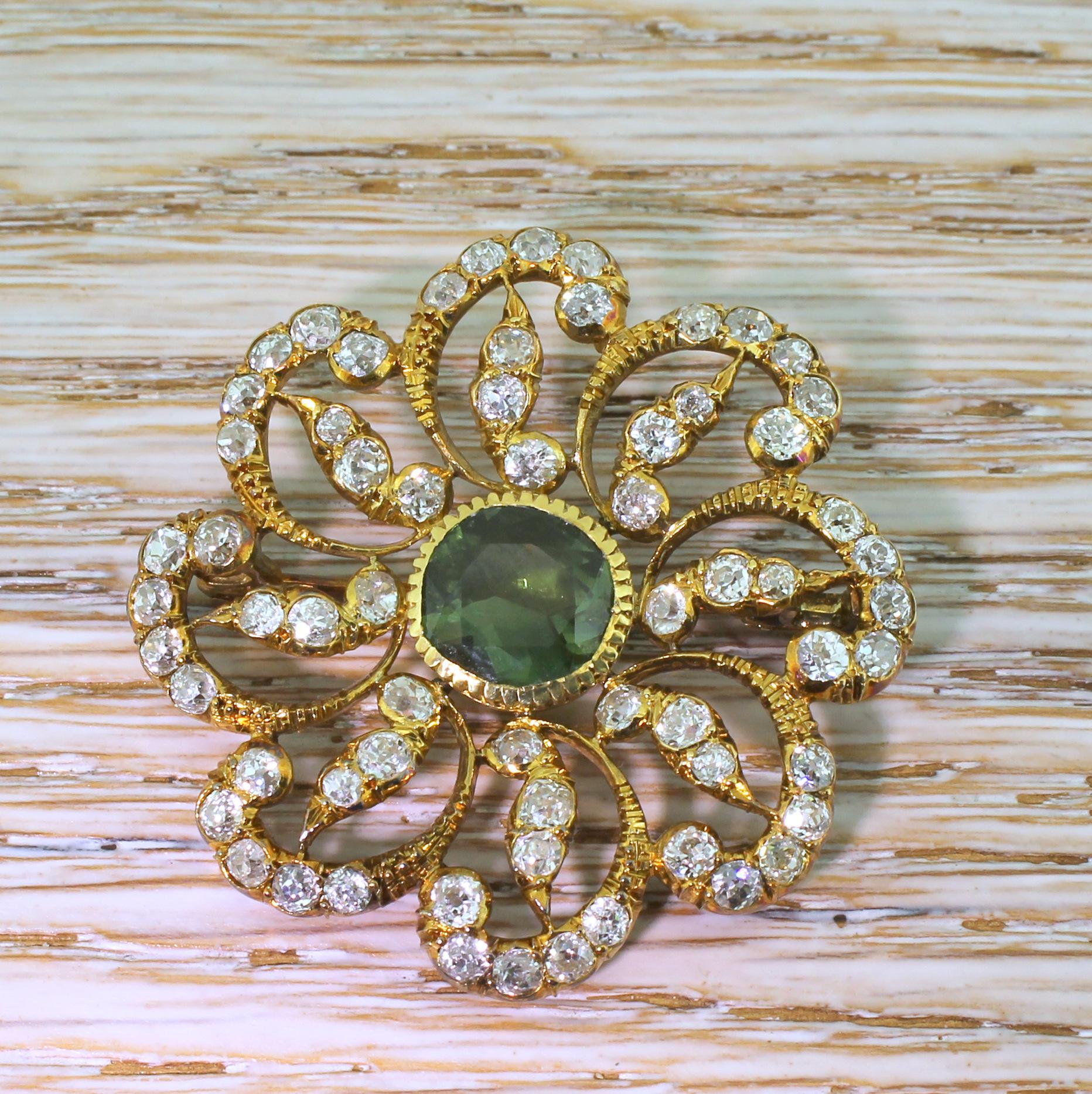 Women's Victorian 3.00 Carat Green Sapphire and 3.50 Carat Old Cut Diamond Brooch For Sale