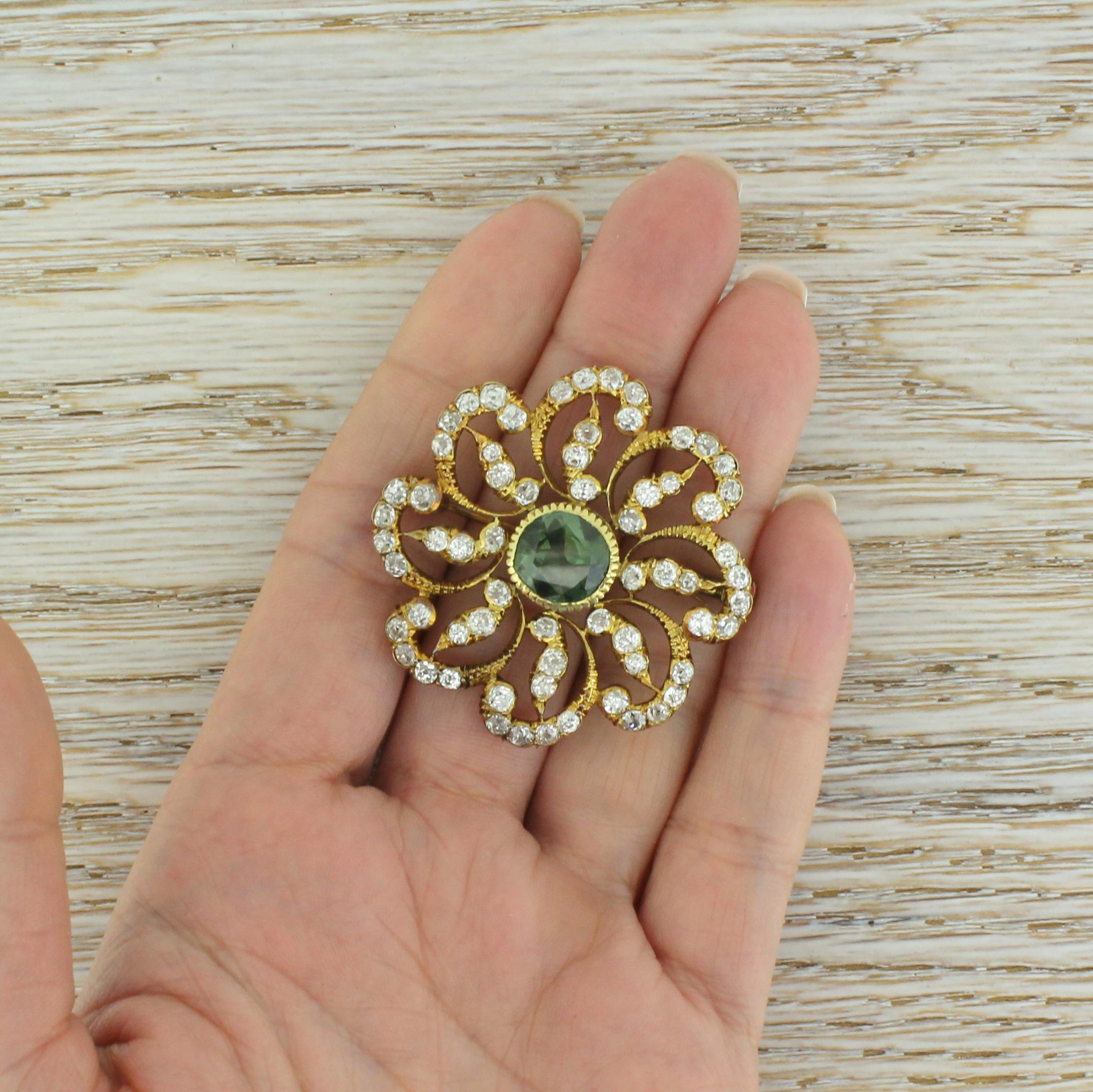 Victorian 3.00 Carat Green Sapphire and 3.50 Carat Old Cut Diamond Brooch For Sale 2