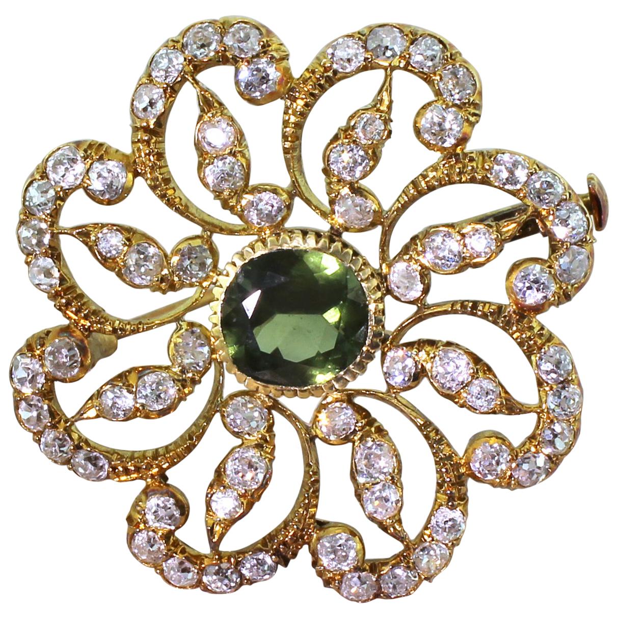 Victorian 3.00 Carat Green Sapphire and 3.50 Carat Old Cut Diamond Brooch For Sale