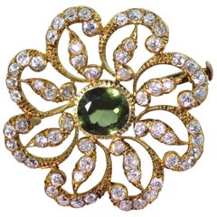 Victorian 3.00 Carat Green Sapphire and 3.50 Carat Old Cut Diamond Brooch