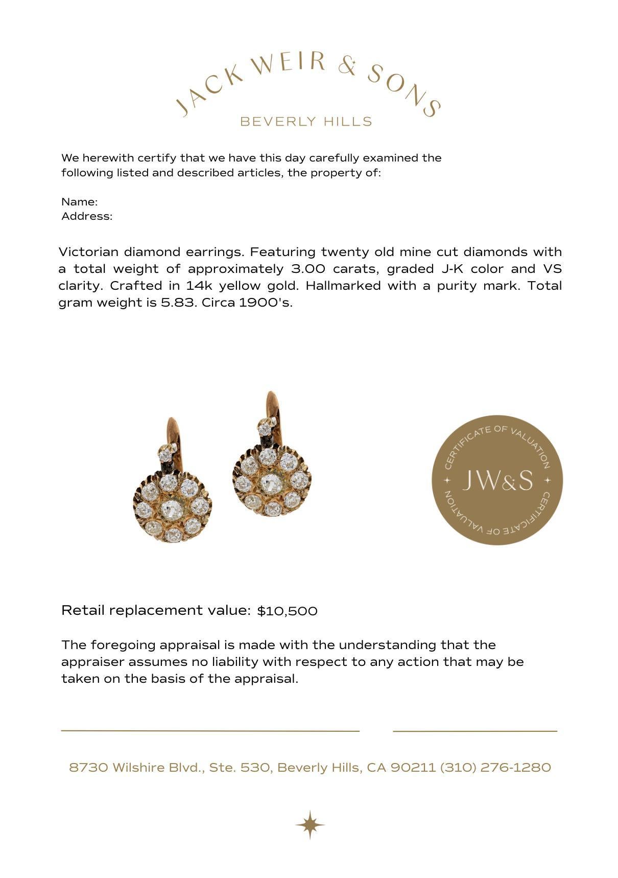 Boucles d'oreilles Victorien 3.00 carat diamant taille ancienne 14k or jaune Pour femmes en vente