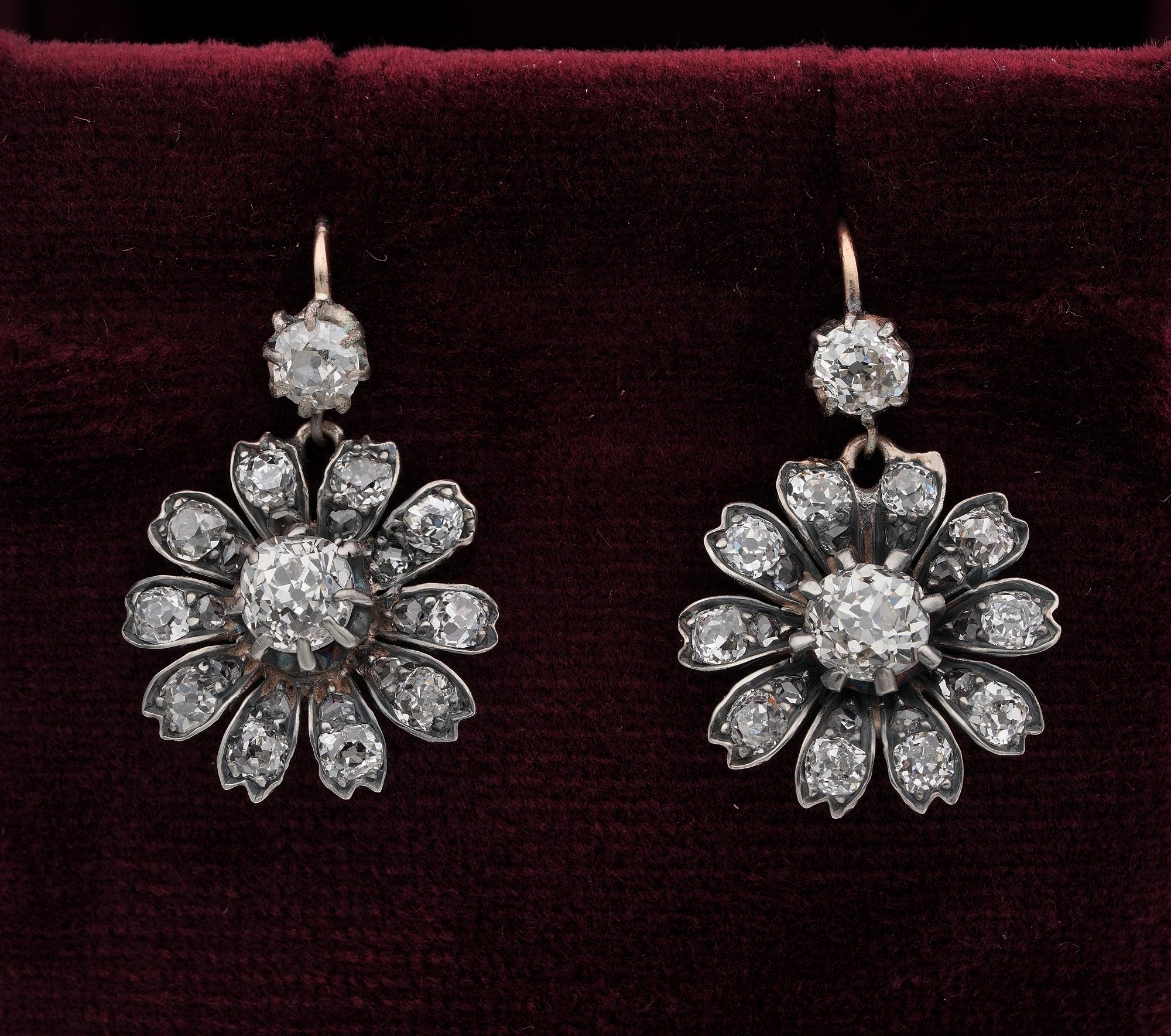 Sweet Daisy

Rare, radiant, prettiest in design original Victorian Diamond drop earrings 1860 ca
Romantic, Daisy flower beautifully shaped to drop perfectly from ears projecting sparkle and glistening white fire throughout
Set with 3.0 Ct of old