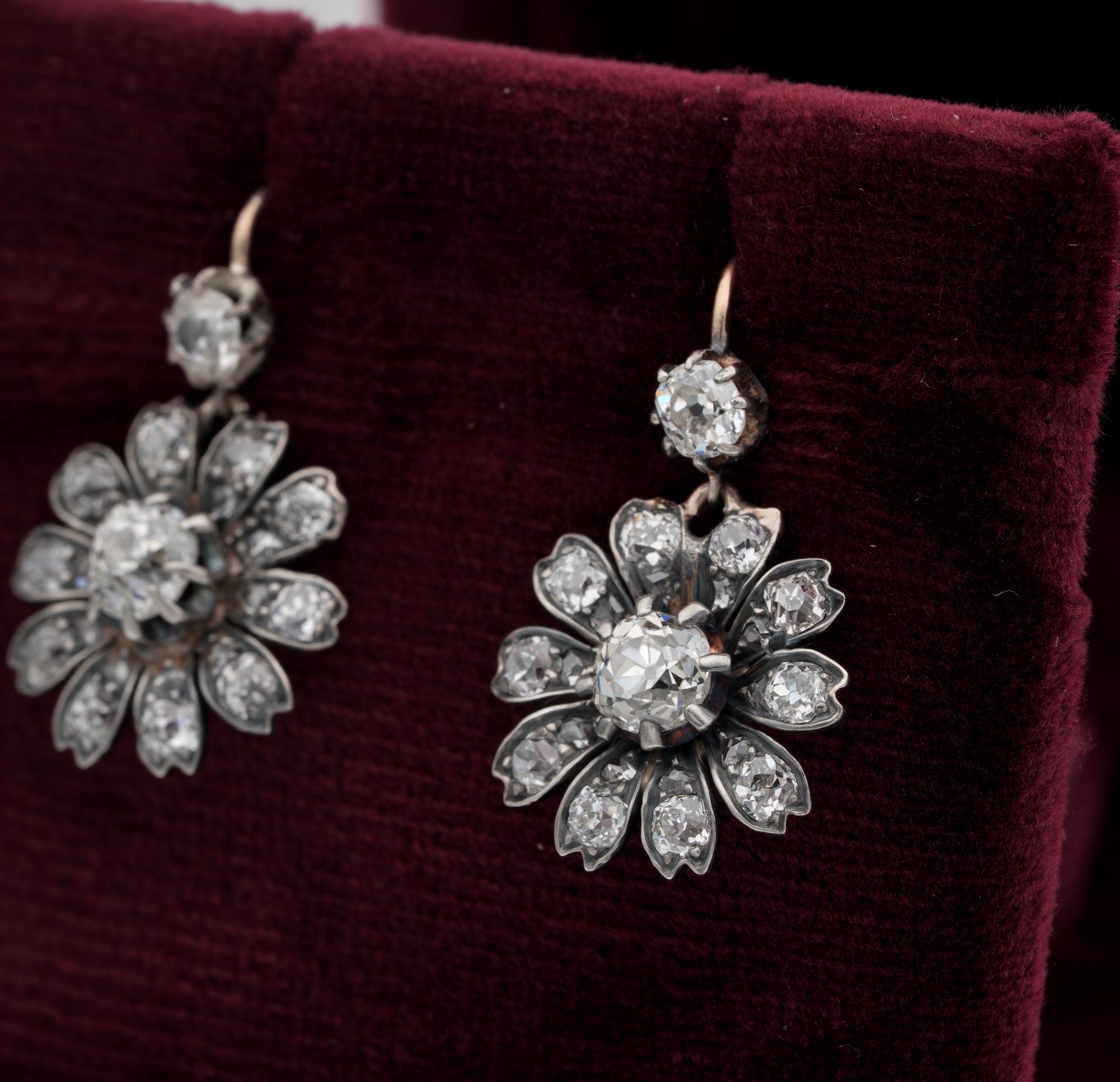 Victorian 3.00 Carat Old mine Diamond Prettiest Flower Drop Earrings 1