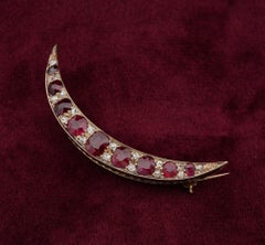 Victorian 3.00 Ct Untreated Ruby .80 Carat Old Mine Diamond Crescent Moon brooch