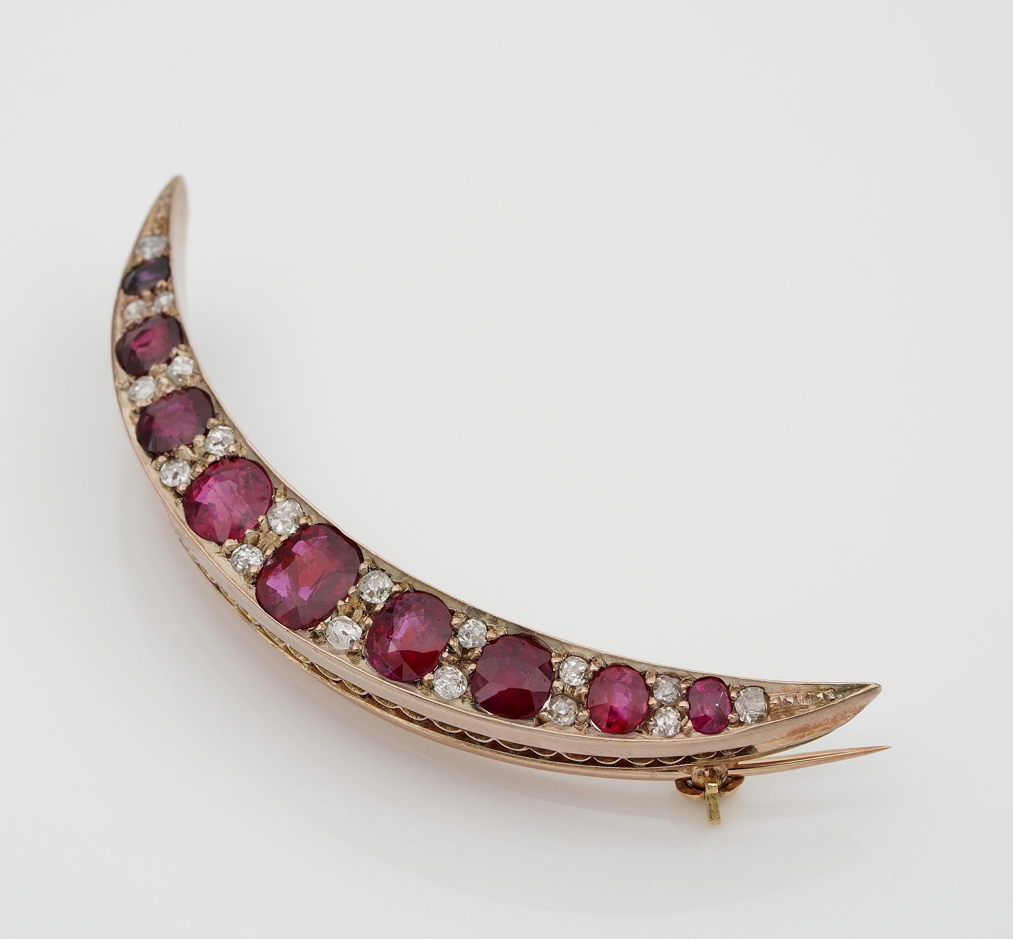 Antique Cushion Cut Victorian 3.00 Ct Untreated Ruby .80 Carat Old Mine Diamond Crescent Moon brooch For Sale