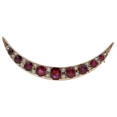 Antique Victorian 3.00 Ct Untreated Ruby .80 Carat Old Mine Diamond Crescent Moon brooch