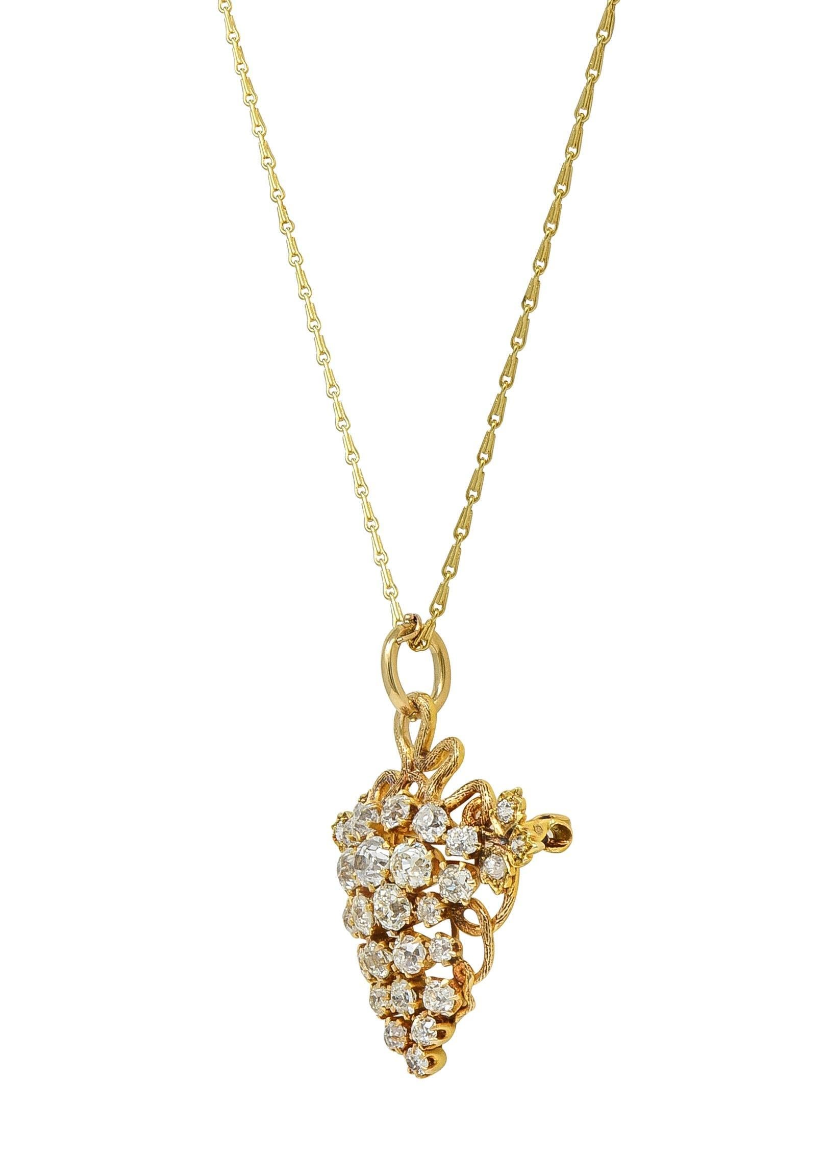Taglio vecchia miniera Collana vittoriana con ciondolo a spilla d'uva antica con diamante da 3,00 CTW in oro 14 carati in vendita