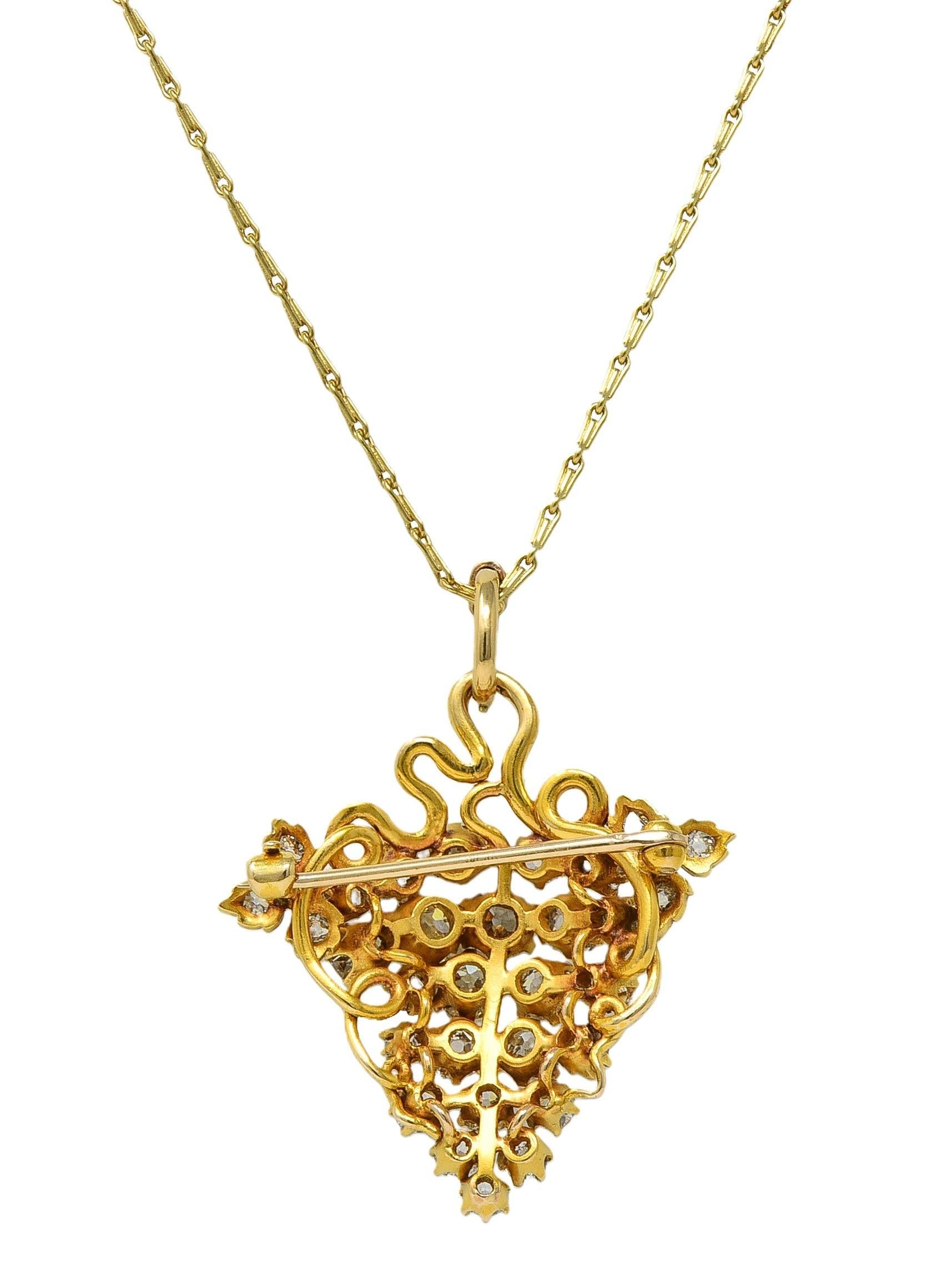 Collana vittoriana con ciondolo a spilla d'uva antica con diamante da 3,00 CTW in oro 14 carati In condizioni ottime in vendita a Philadelphia, PA