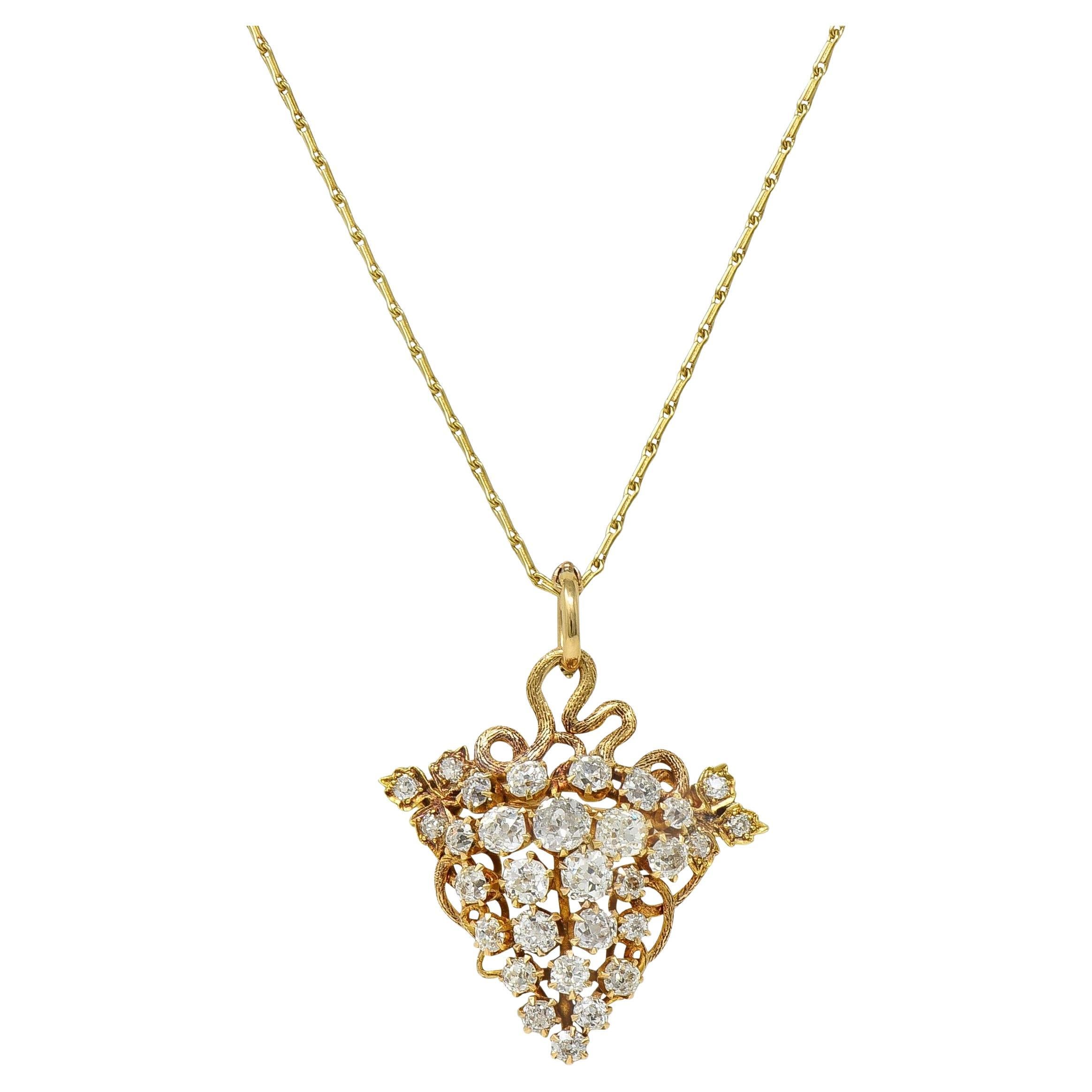 Collana vittoriana con ciondolo a spilla d'uva antica con diamante da 3,00 CTW in oro 14 carati in vendita