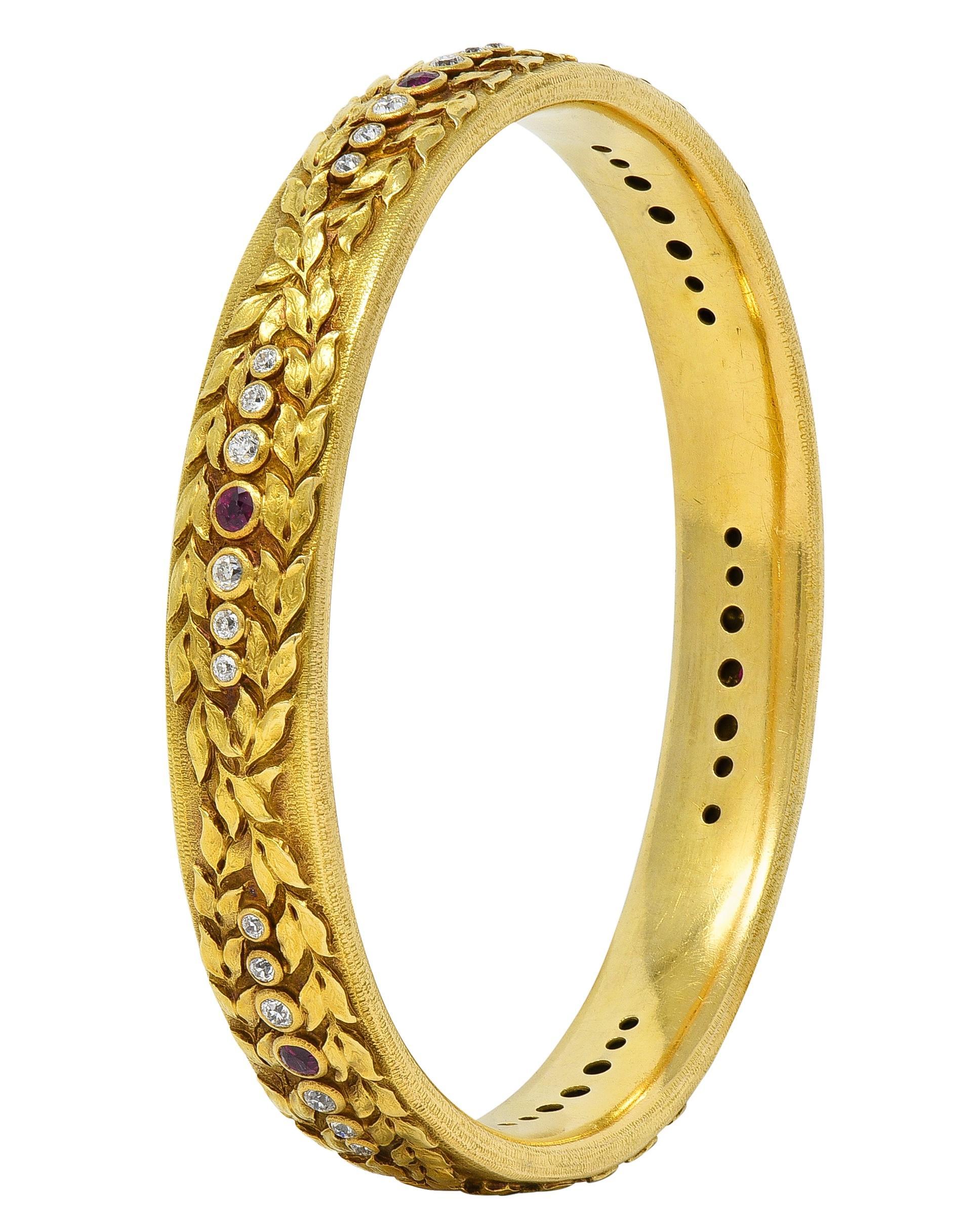 Victoriana 3.00 CTW Rubí Diamante 18K Oro Amarillo Antiguo Laurel Pulsera Brazalete Victoriano en venta