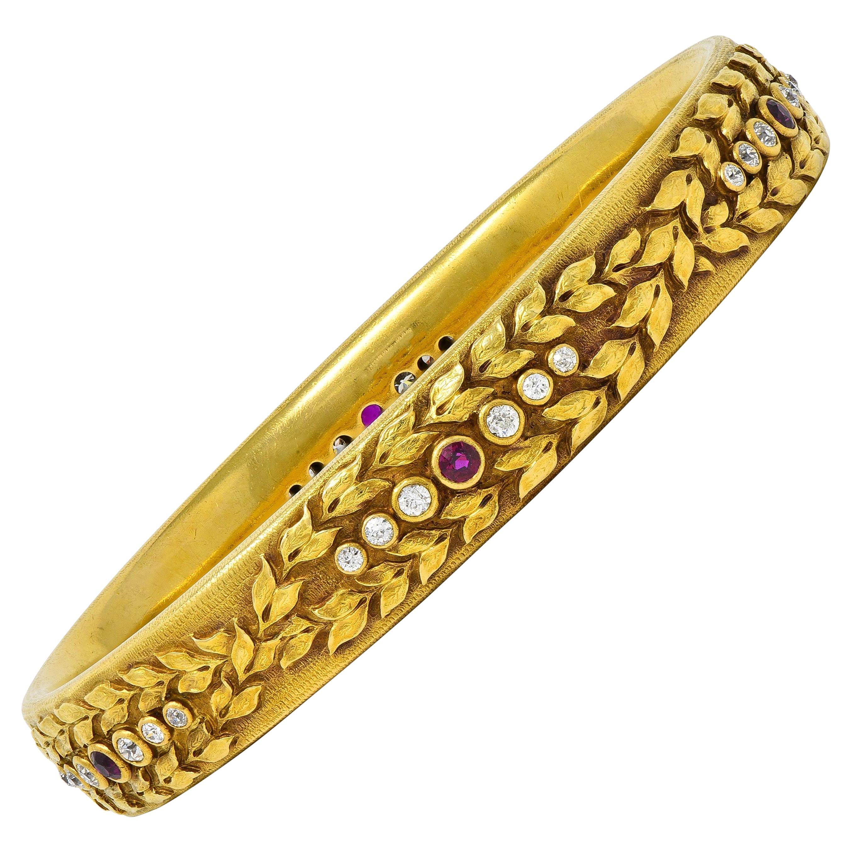 Victorian 3.00 CTW Ruby Diamond 18K Yellow Gold Antique Laurel Bangle Bracelet