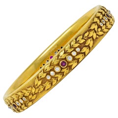 Victorian 3.00 CTW Ruby Diamond 18K Yellow Gold Antique Laurel Bangle Bracelet
