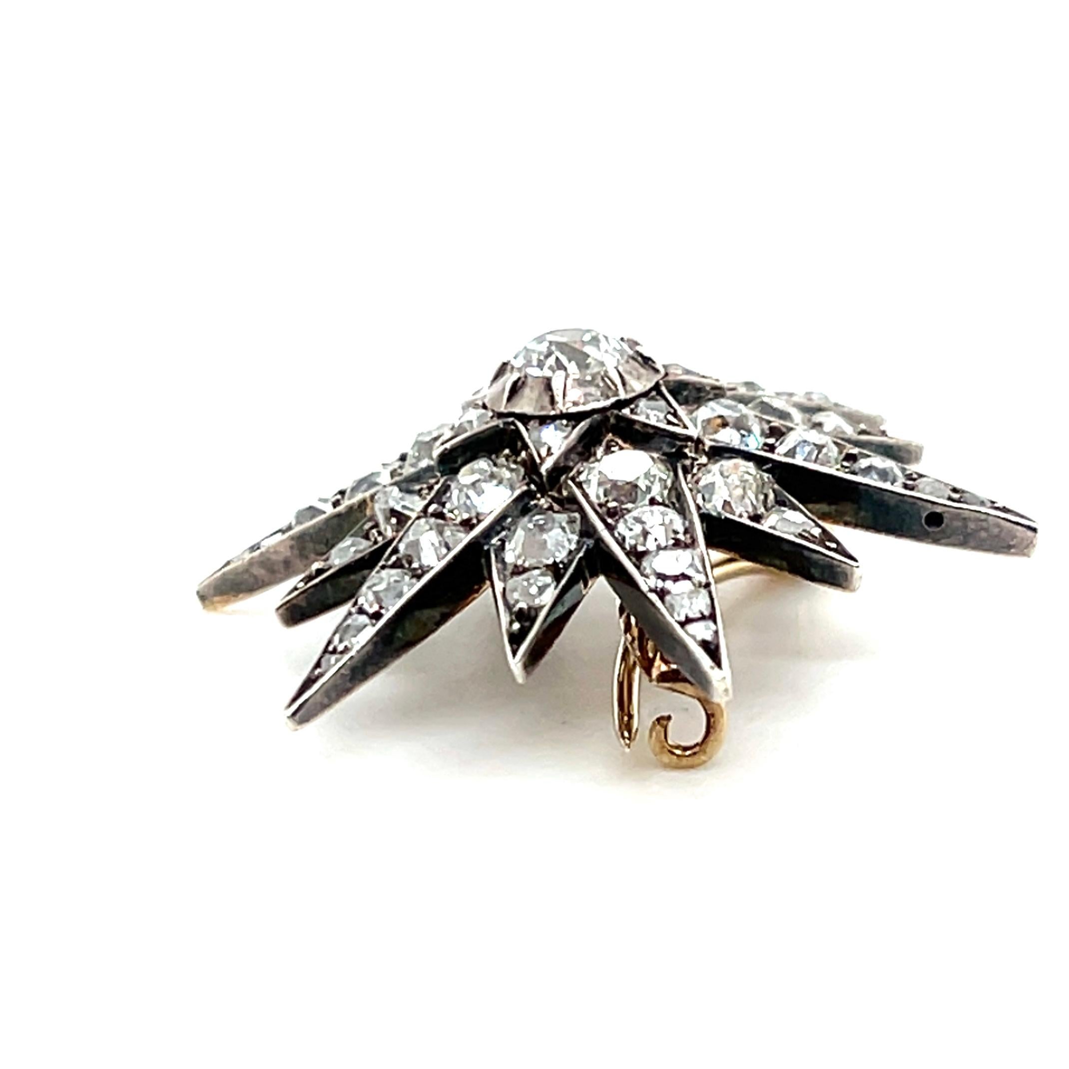 Spilla a stella vittoriana in oro e argento 14k da 3,00 tcw con diamante Old Mine Cut del 1870 in vendita 4