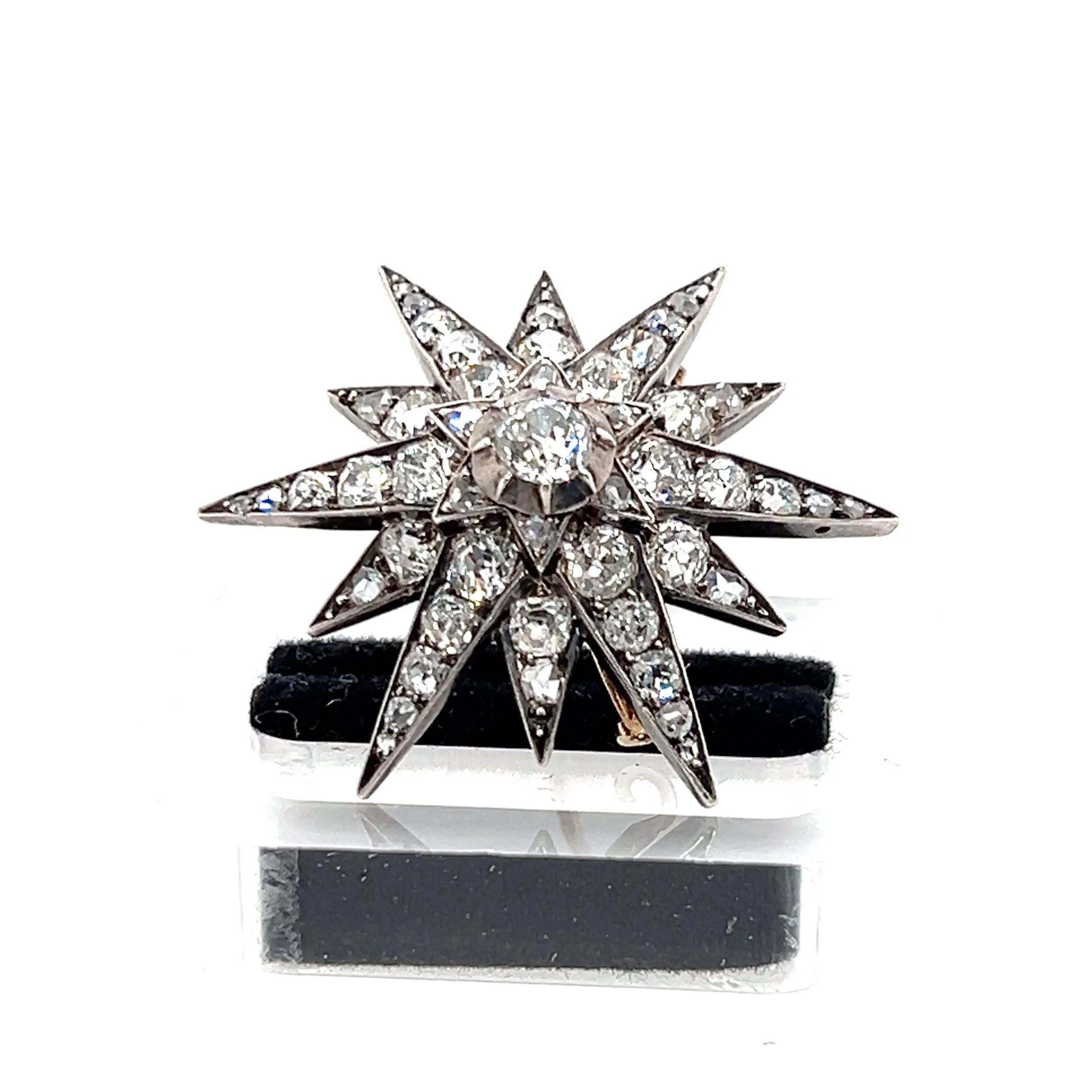 Spilla a stella vittoriana in oro e argento 14k da 3,00 tcw con diamante Old Mine Cut del 1870 in vendita 5