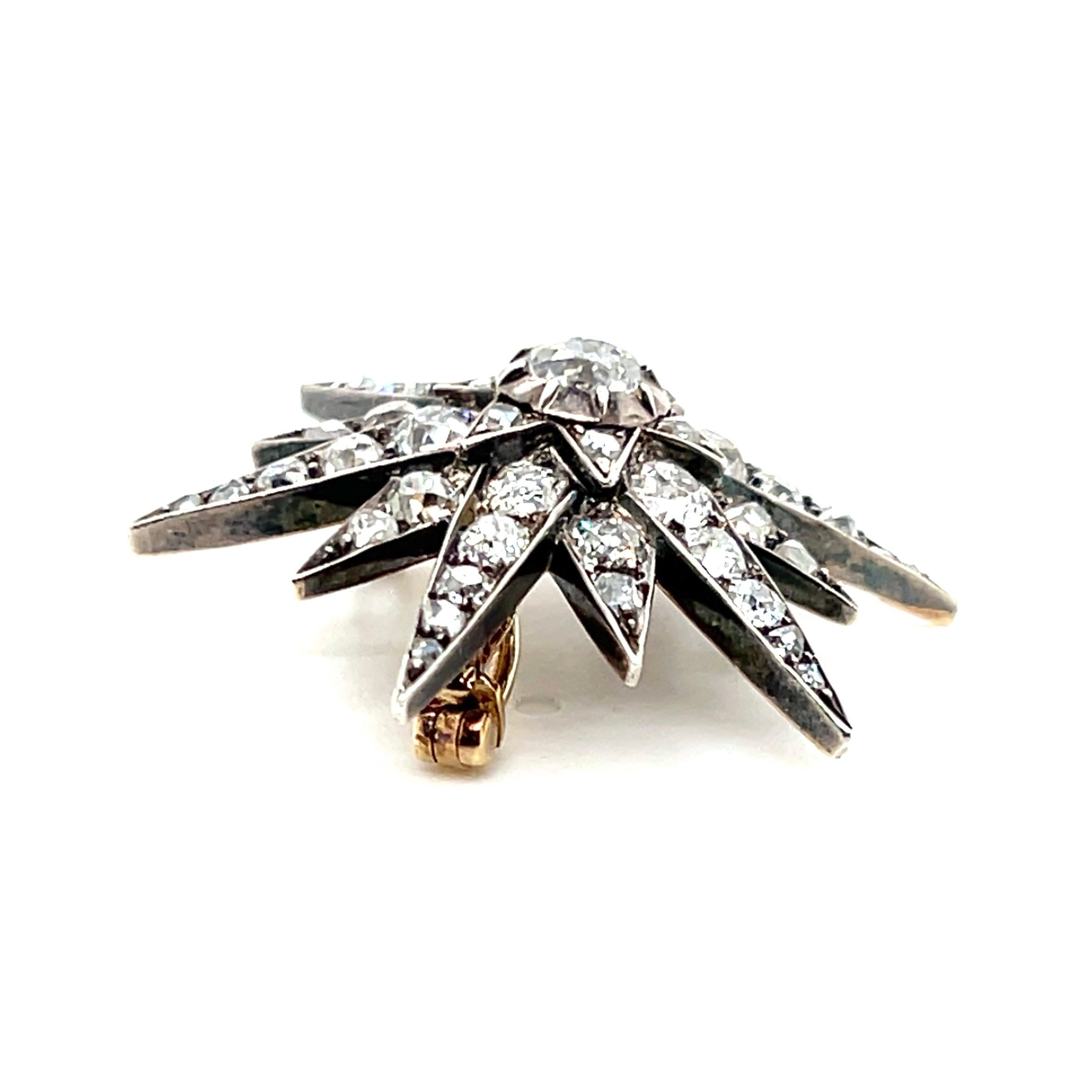 Spilla a stella vittoriana in oro e argento 14k da 3,00 tcw con diamante Old Mine Cut del 1870 in vendita 2