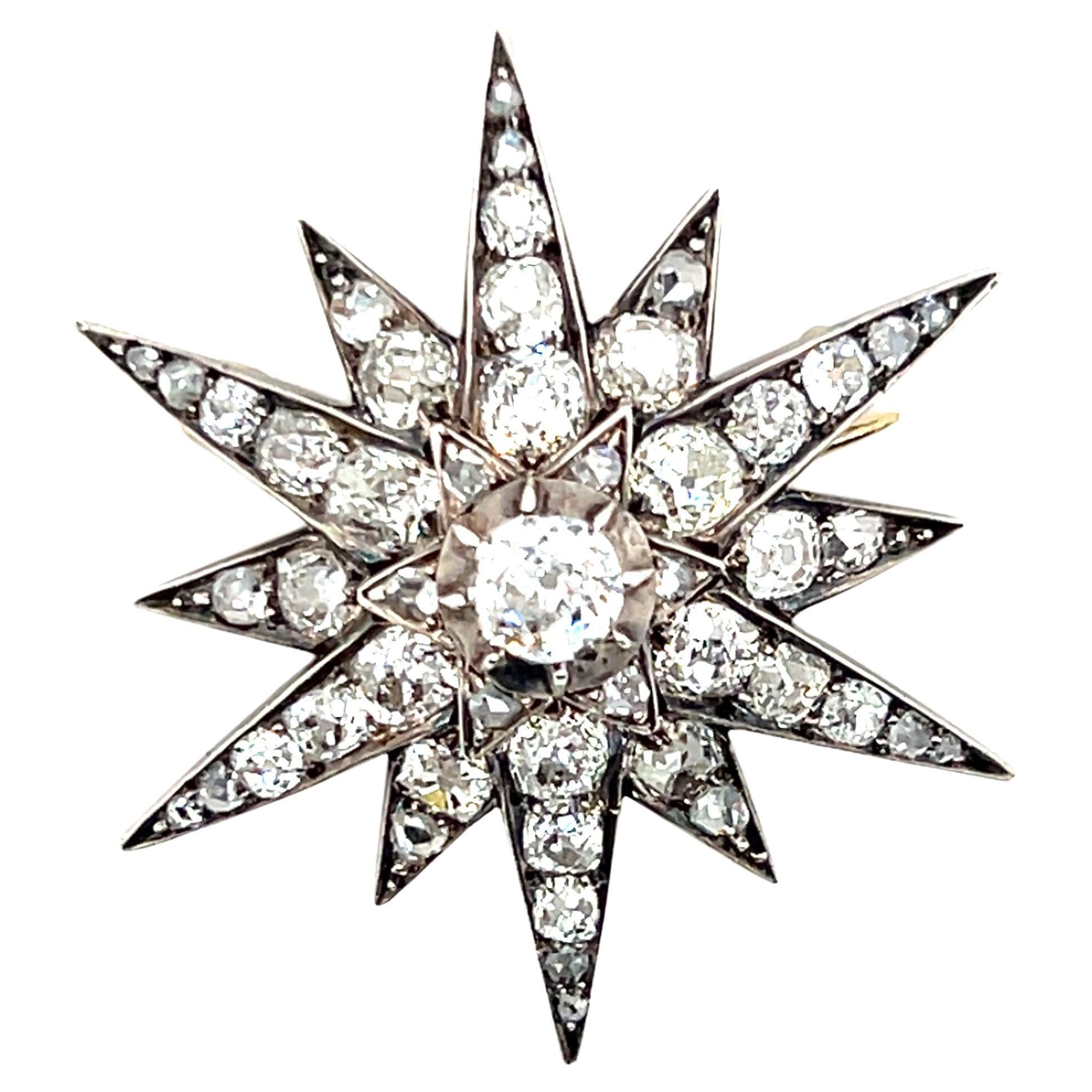 Spilla a stella vittoriana in oro e argento 14k da 3,00 tcw con diamante Old Mine Cut del 1870
