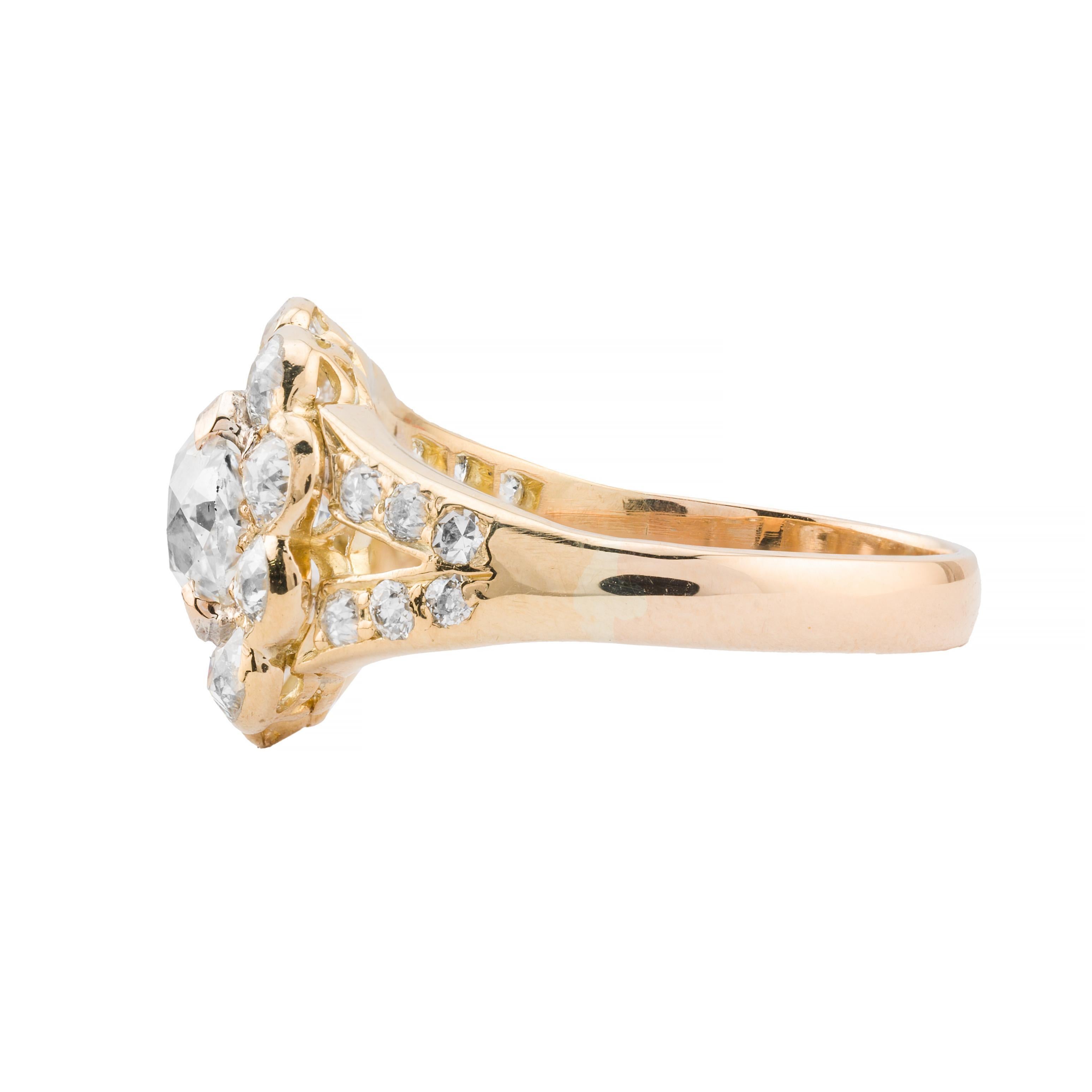 Victorian 3.02ctw Mine Cut Diamond Engagement Ring in 18K Yellow gold In Excellent Condition For Sale In Boston, MA
