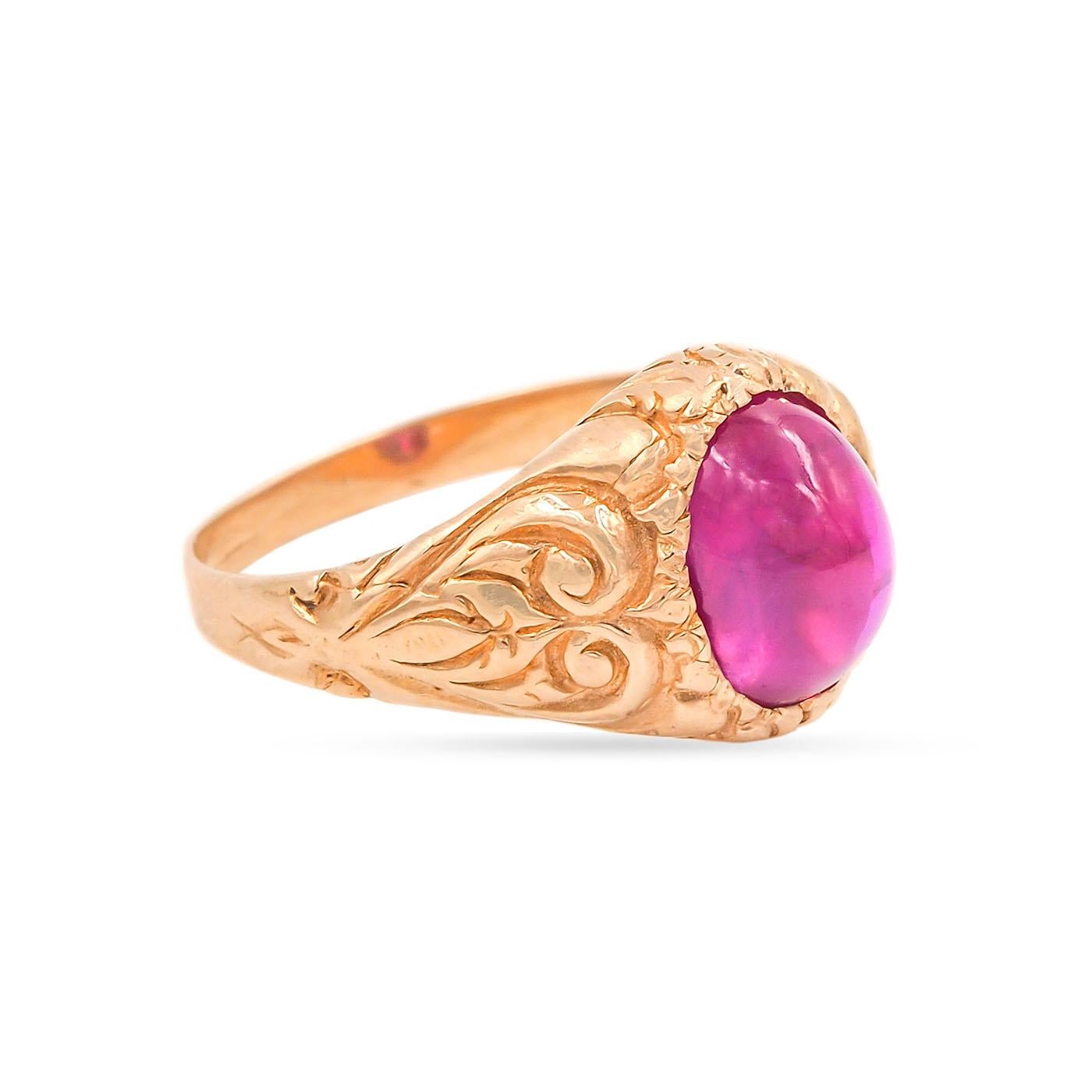 Late Victorian era 3.05 Carat Ruby Ring composed of 14k yellow gold. Featuring a 3.05 carat Natural Non-Heat Treated Ruby of Burma Origin (Accompanied by a GIA report). The Cabochon ruby displays a star pattern known as asterism. Ruby is bezeled in