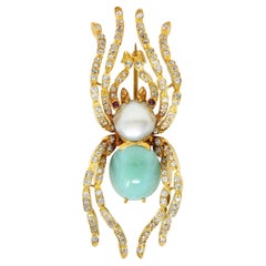 Victorian 3.06 CTW Diamond Pearl Turquoise 18 Karat Yellow Gold Spider Brooch
