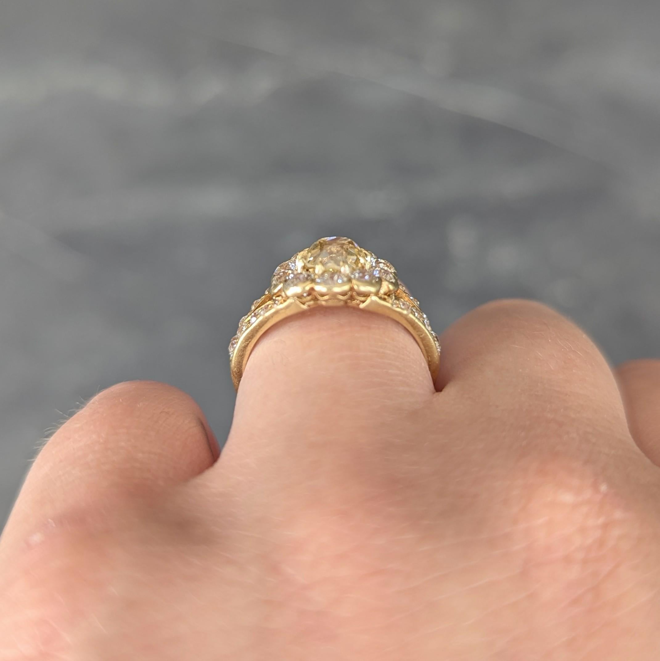 Victorian 3.06 Fancy Yellow Diamond 18K Gold Antique Halo Engagement Ring For Sale 5