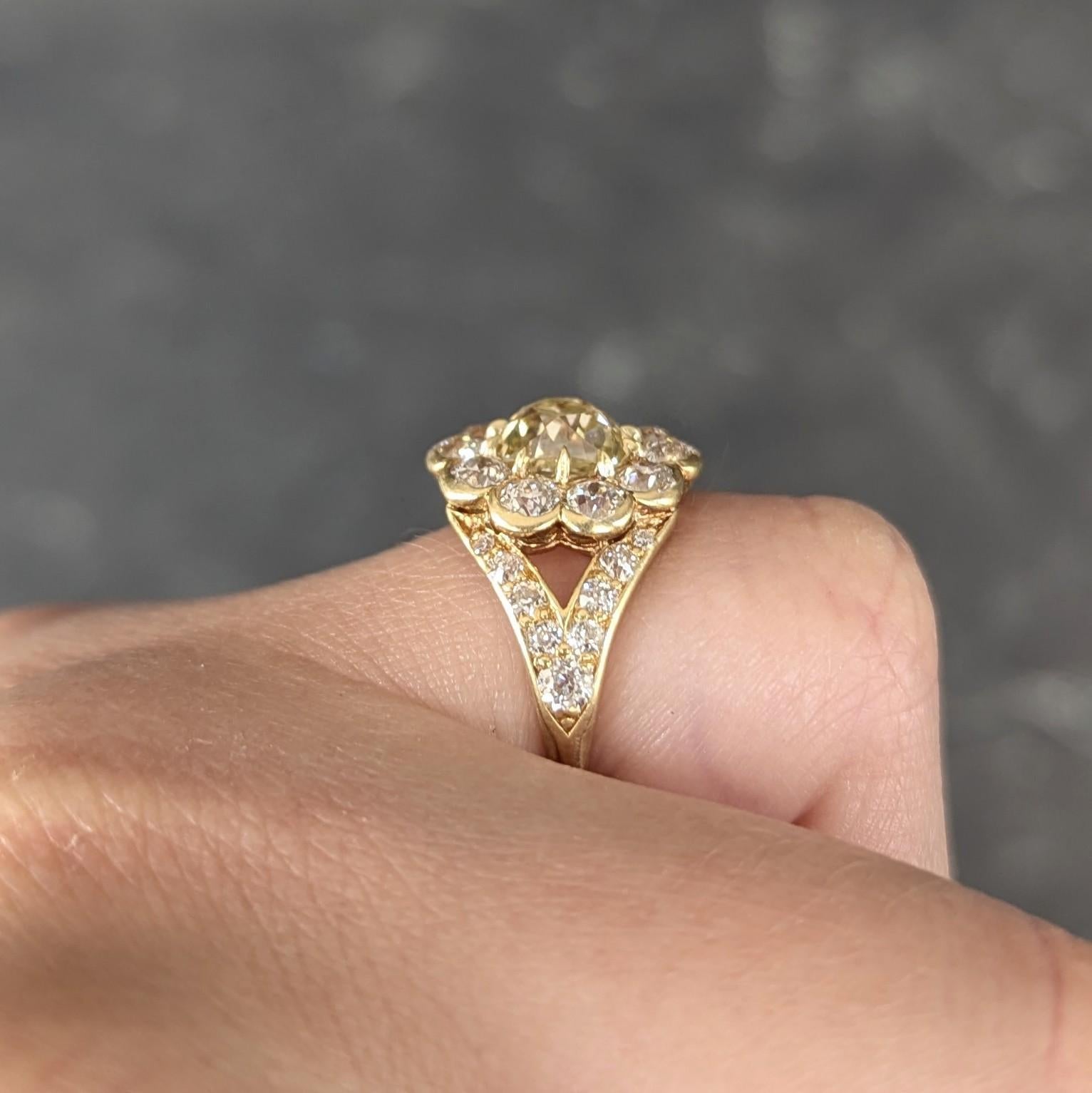 Victorian 3.06 Fancy Yellow Diamond 18K Gold Antique Halo Engagement Ring For Sale 6