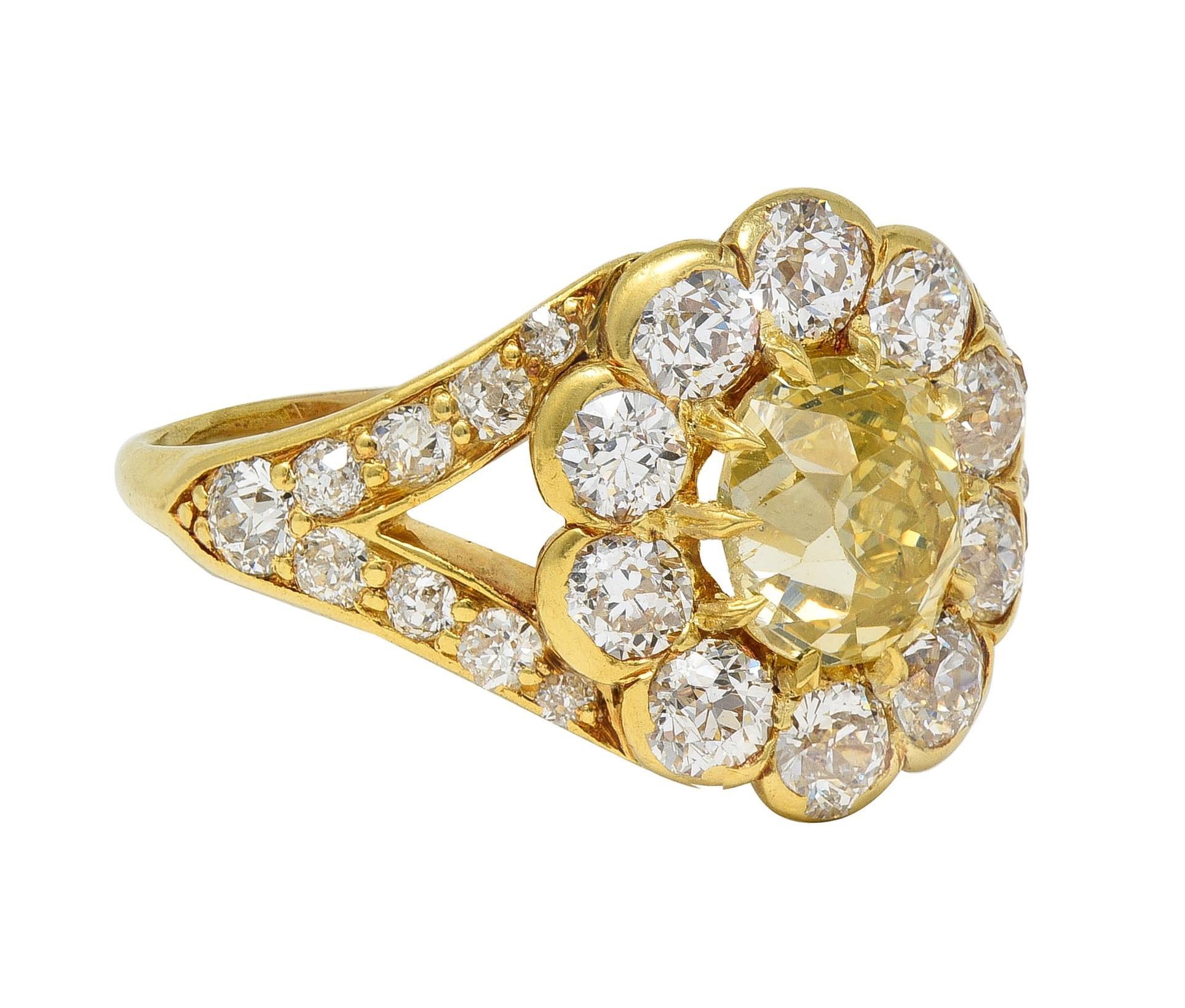 Old Mine Cut Victorian 3.06 Fancy Yellow Diamond 18K Gold Antique Halo Engagement Ring For Sale