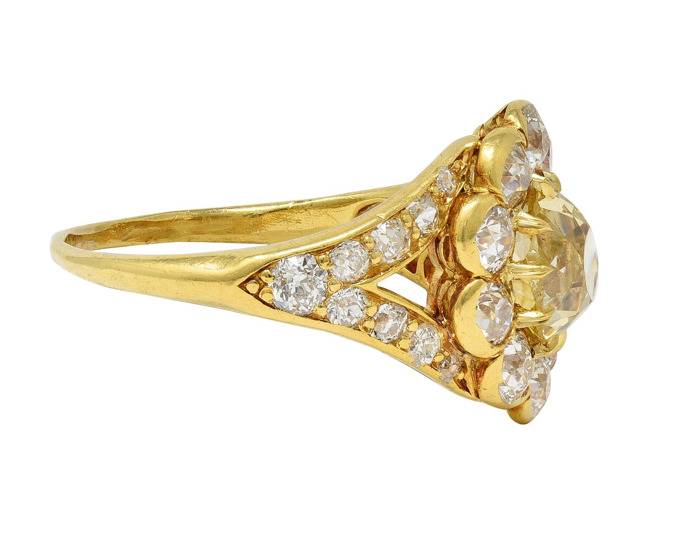 Victorian 3.06 Fancy Yellow Diamond 18K Gold Antique Halo Engagement Ring In Excellent Condition For Sale In Philadelphia, PA