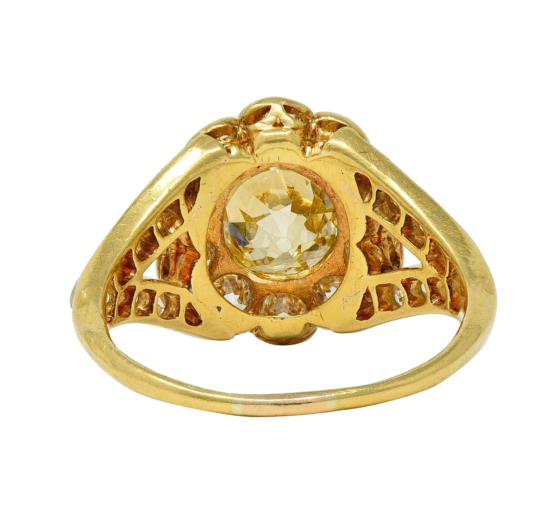 Women's or Men's Victorian 3.06 Fancy Yellow Diamond 18K Gold Antique Halo Engagement Ring For Sale