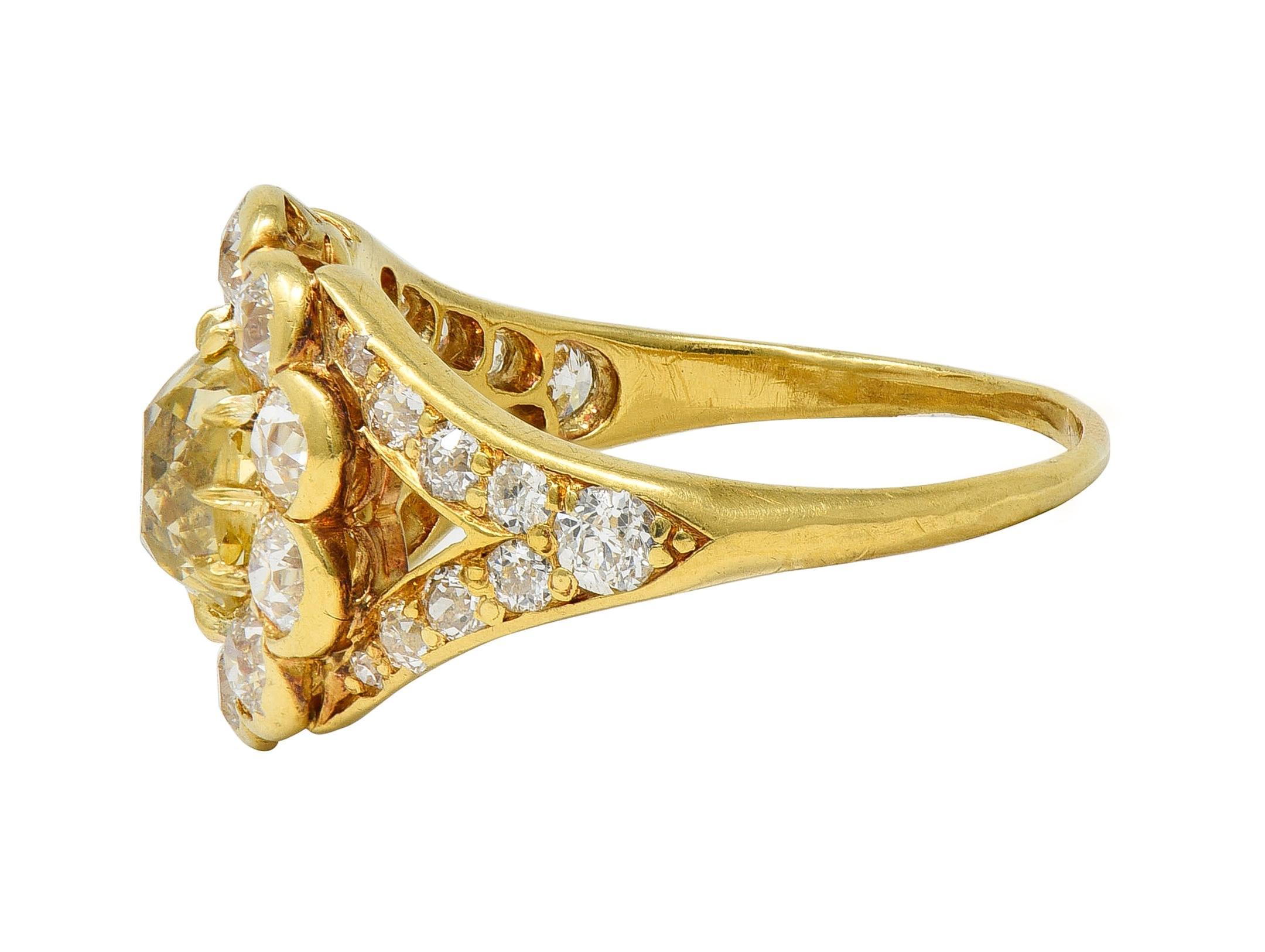 Victorian 3.06 Fancy Yellow Diamond 18K Gold Antique Halo Engagement Ring For Sale 1