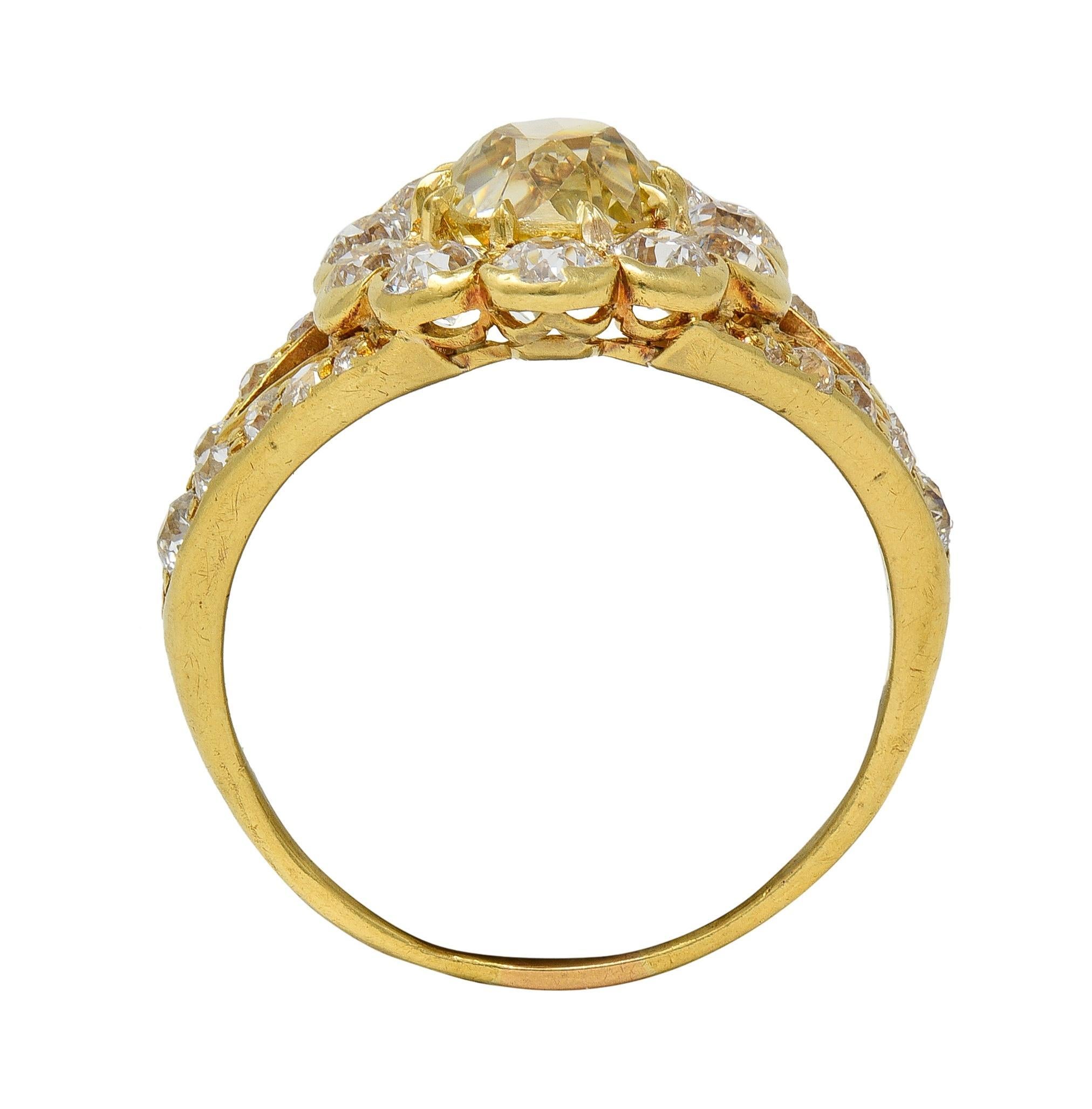 Victorian 3.06 Fancy Yellow Diamond 18K Gold Antique Halo Engagement Ring For Sale 2