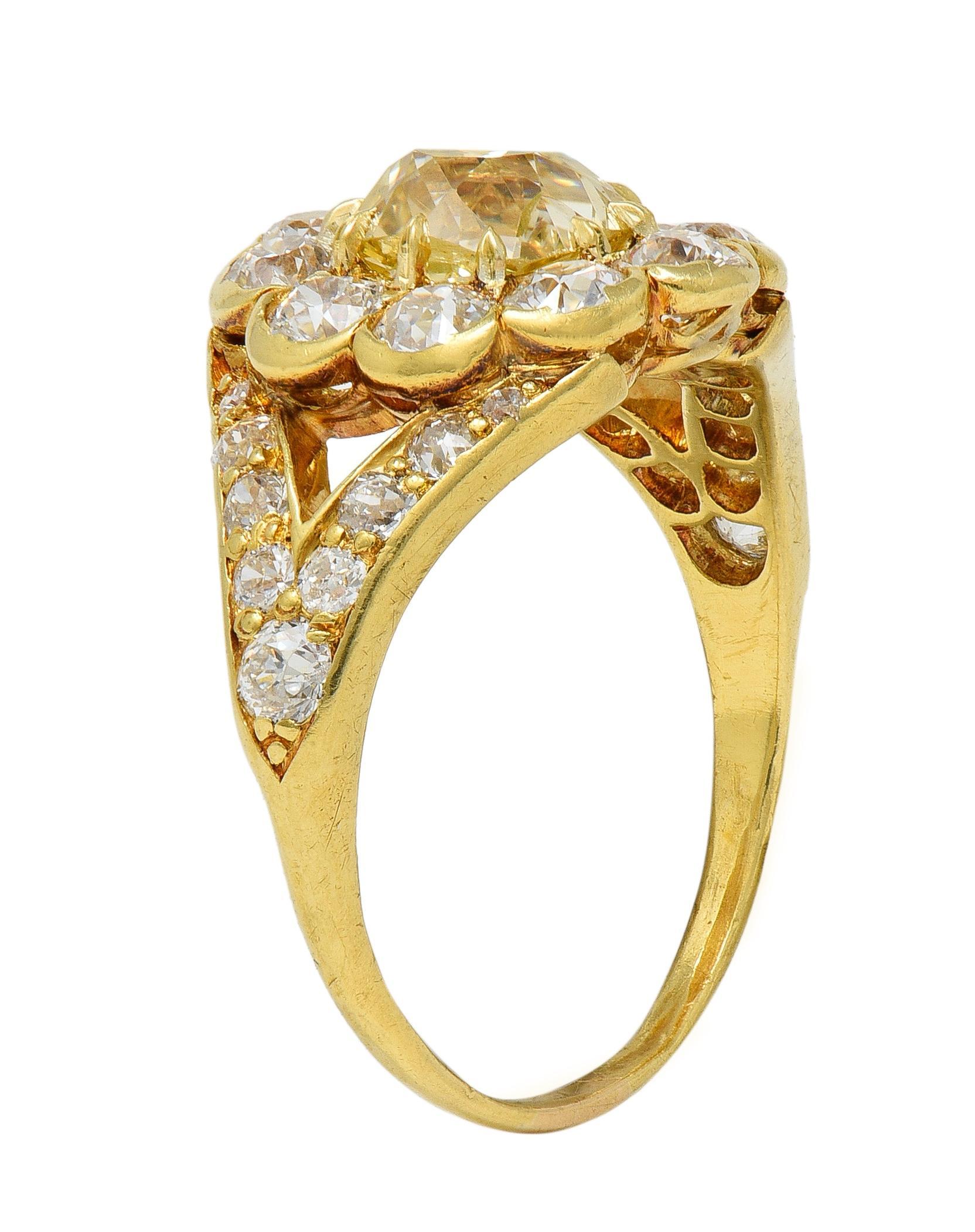 Victorian 3.06 Fancy Yellow Diamond 18K Gold Antique Halo Engagement Ring For Sale 3