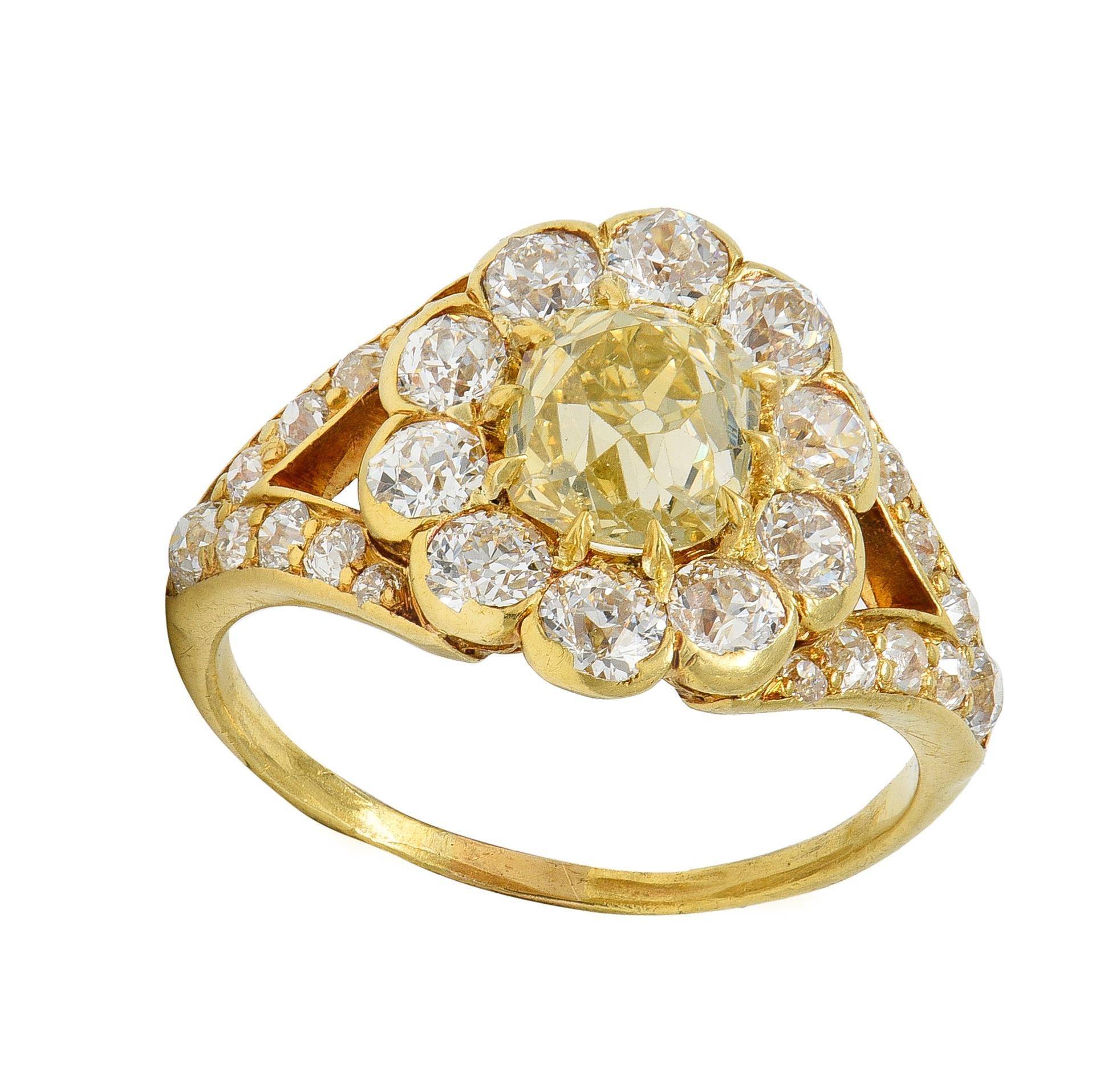 Victorian 3.06 Fancy Yellow Diamond 18K Gold Antique Halo Engagement Ring For Sale 4