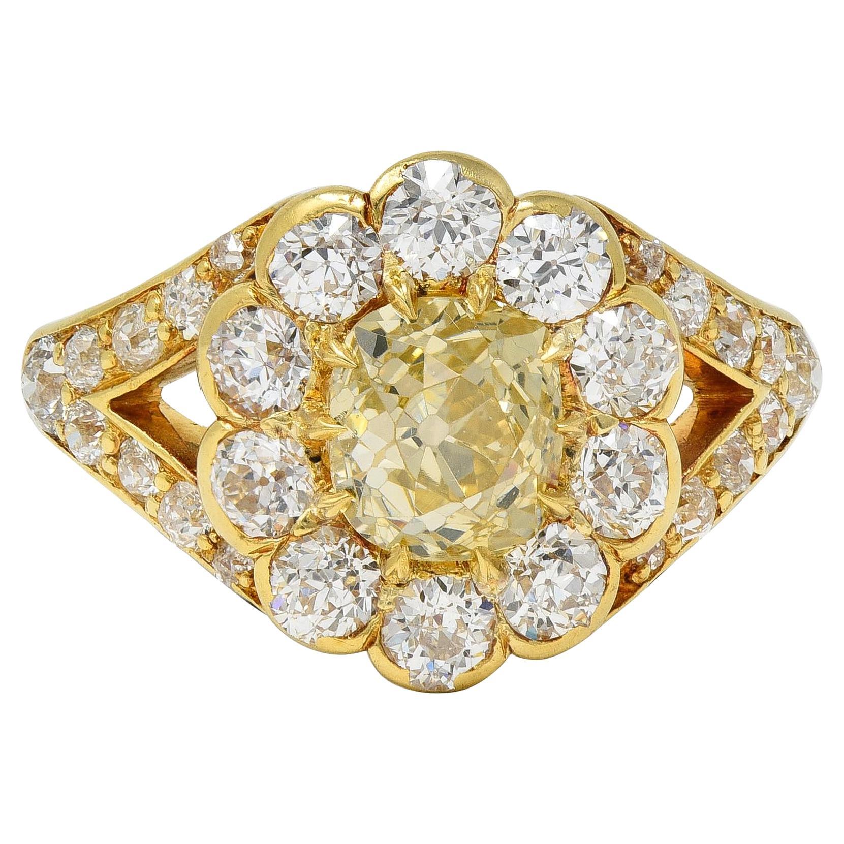 Victorian 3.06 Fancy Yellow Diamond 18K Gold Antique Halo Engagement Ring For Sale