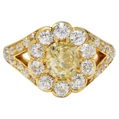 Victorian 3.06 Fancy Yellow Diamond 18K Gold Antique Halo Engagement Ring