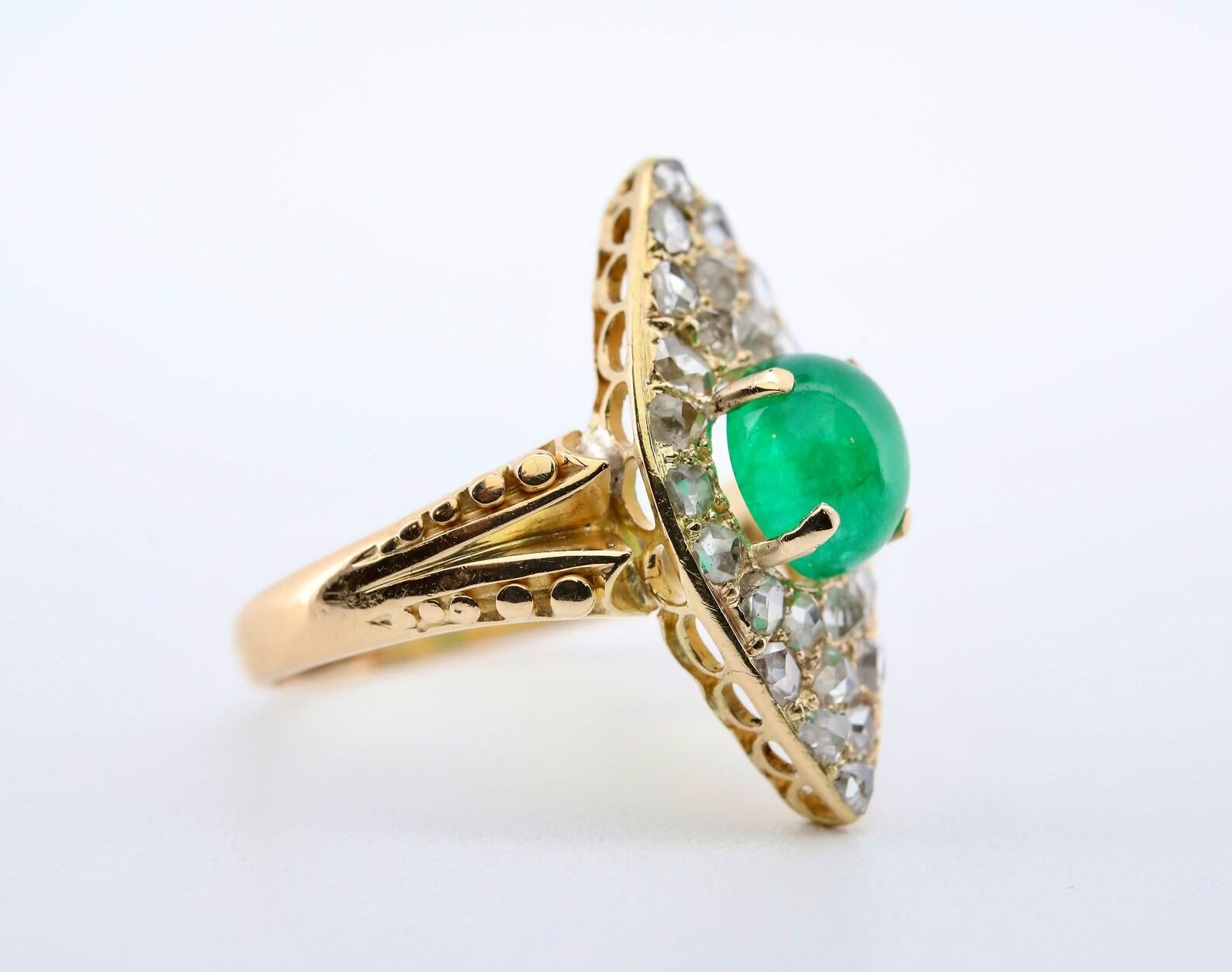 High Victorian Victorian 3.08ctw Cabochon Emerald & Diamond Ring in 18K Yellow Gold For Sale