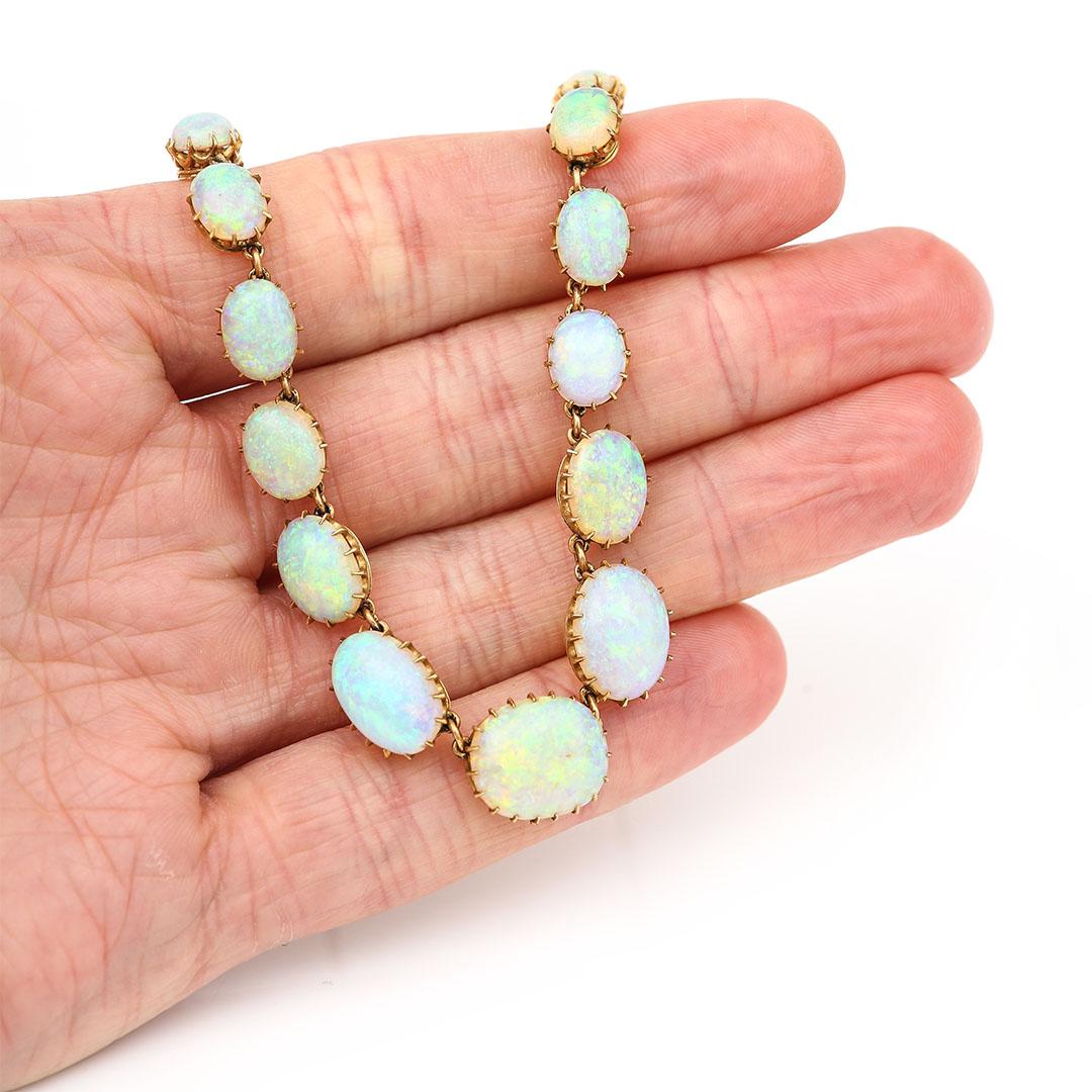 Victorian 30ct Cabochon Water Opal Necklace 15ct Yellow Gold 14.75” Circa 1880 For Sale 7
