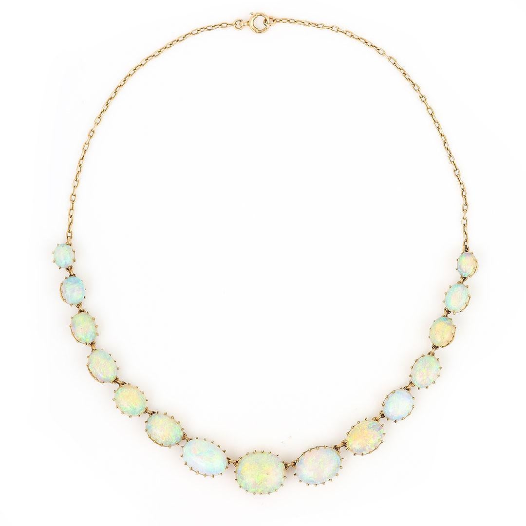 A spectacular Victorian 15ct yellow gold and ‘Jelly’ or water cabochon opal necklace with approx 30ct of beautifully matched opals dating from circa 1880. Set in masterfully crafted coronet settings the largest opal measures 11.6mm x 13.8mm x 4.1mm,