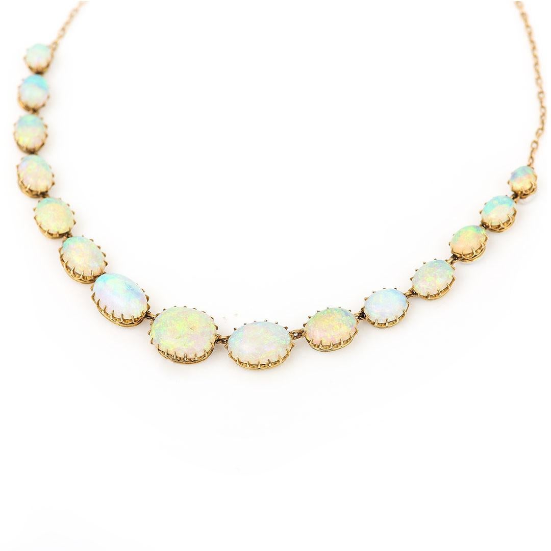 Victorian 30ct Cabochon Water Opal Necklace 15ct Yellow Gold 14.75” Circa 1880 In Good Condition For Sale In Lancashire, Oldham