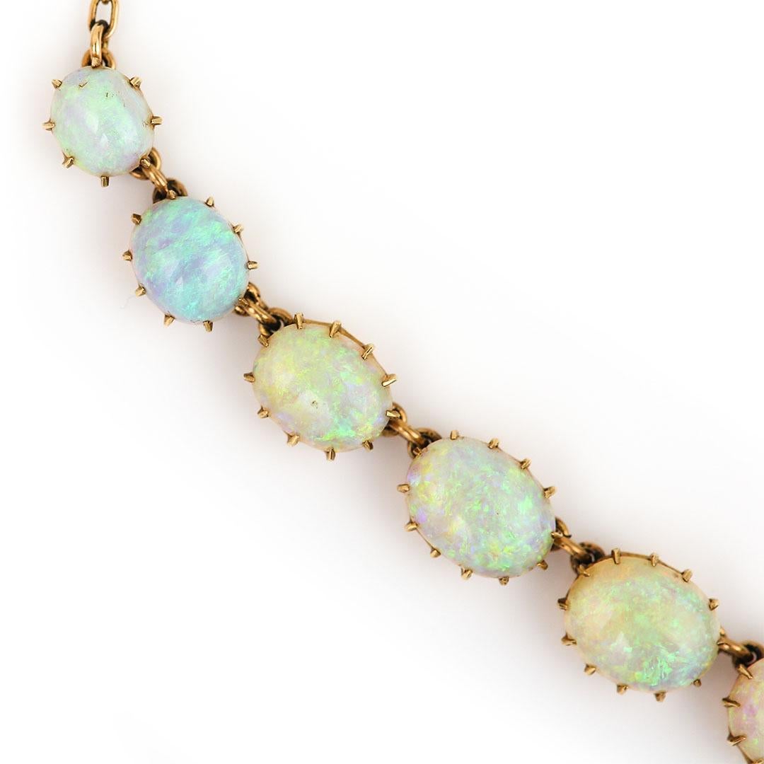 Women's Victorian 30ct Cabochon Water Opal Necklace 15ct Yellow Gold 14.75” Circa 1880 For Sale