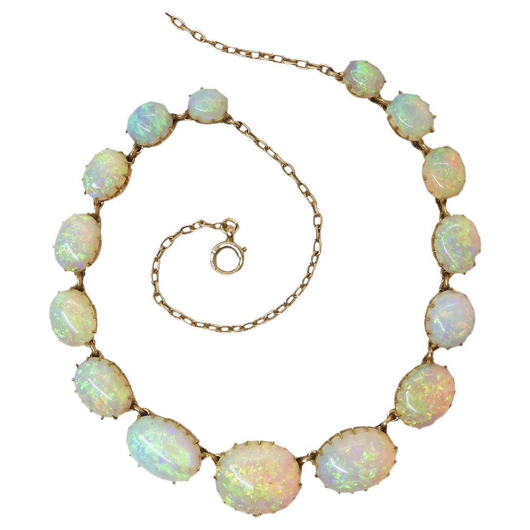 Victorian 30ct Cabochon Water Opal Necklace 15ct Yellow Gold 14.75” Circa 1880 For Sale