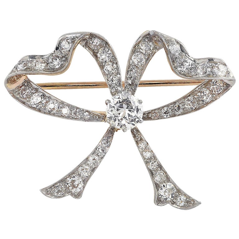 Victorian 3.1 Carat Diamond Bow Brooch Pin For Sale at 1stDibs